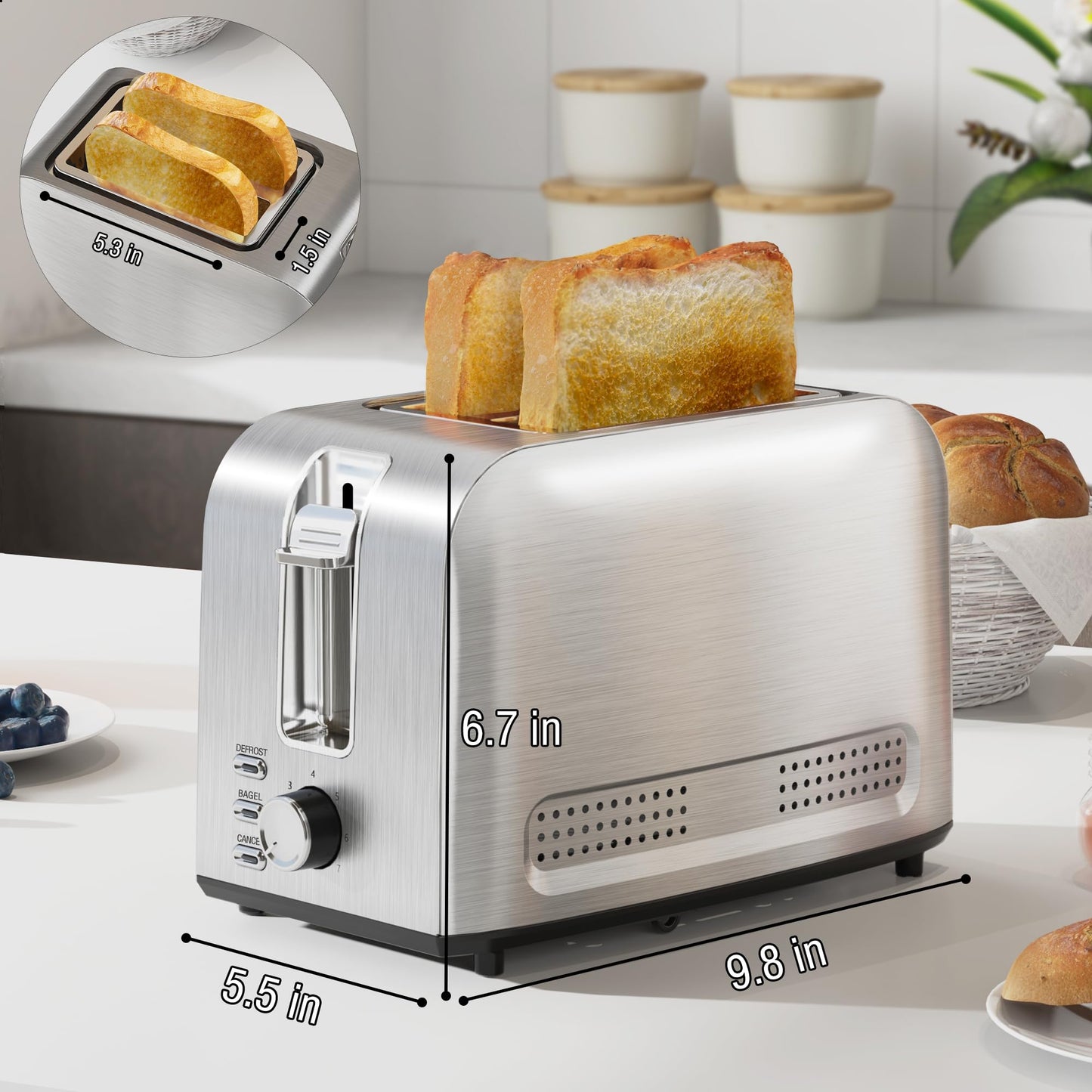 Runnatal 2 Slice Toaster, 100% Stainless Steel, Wide Slot Toaster Multifunctional with 7 Toast Settings, Defrost, BAGEL, Cancel Functions, Easy to Operate and Clean 120V 800W Silver Metallic