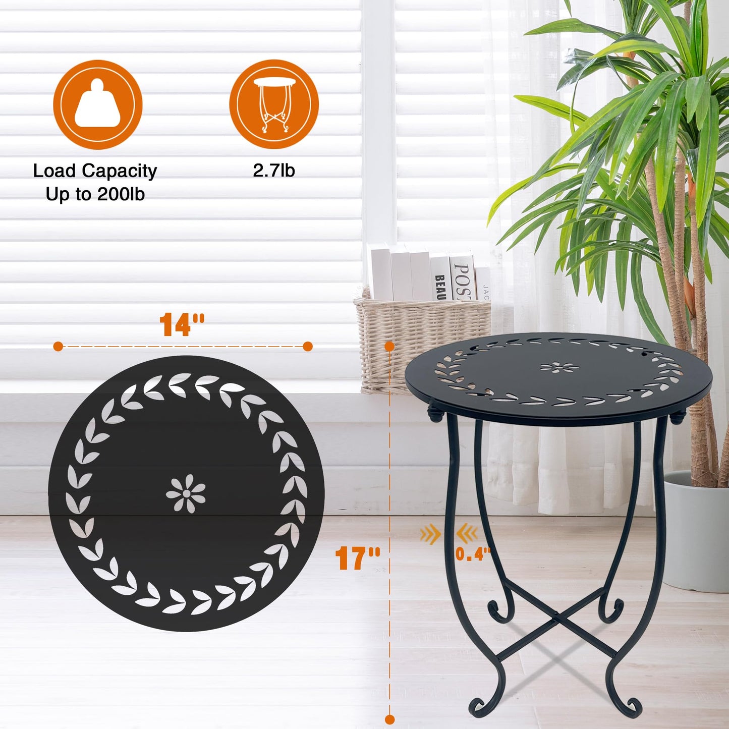 Round Side Table, 2 Pack 14 Inch Bedside Table for Living Room, Bedroom, Weather Resistant Black Metal Outdoor Side Table for Patio Balcony Yard Porch Garden, Plant Stand for Indoor Outdoor Use