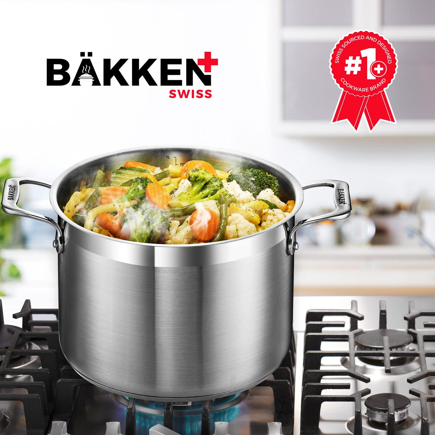 Stockpot – 16 Quart – Brushed Stainless Steel – Heavy Duty Induction Pot with Lid and Riveted Handles – For Soup, Seafood, Stock, Canning and for Catering for Large Groups and Events by BAKKEN