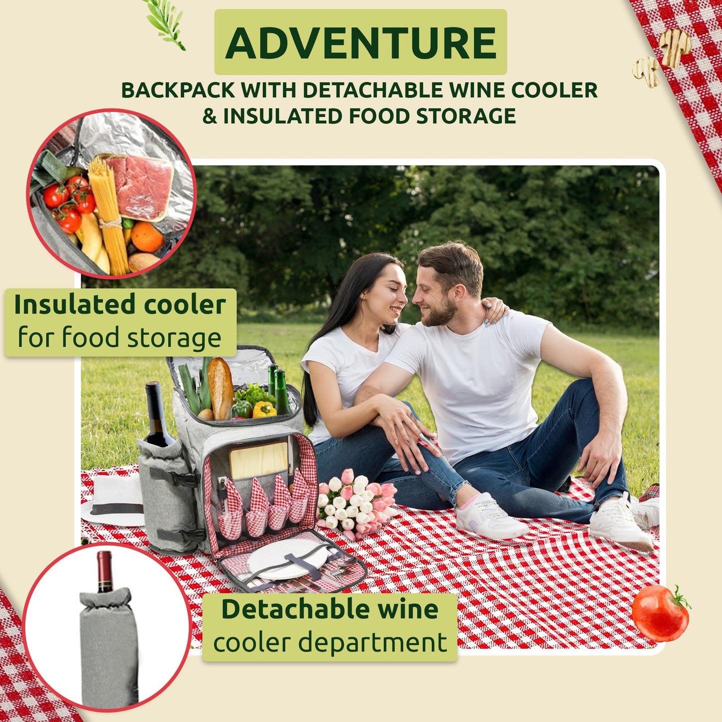 Nature Gear Large Picnic Backpack, Insulated Bag with Detachable Wine Cooler & Picnic Blanket, Includes Dinnerware Set for 4 & Picnic Accessories, Waterproof Outdoor Travel Backpack for Beach, Red