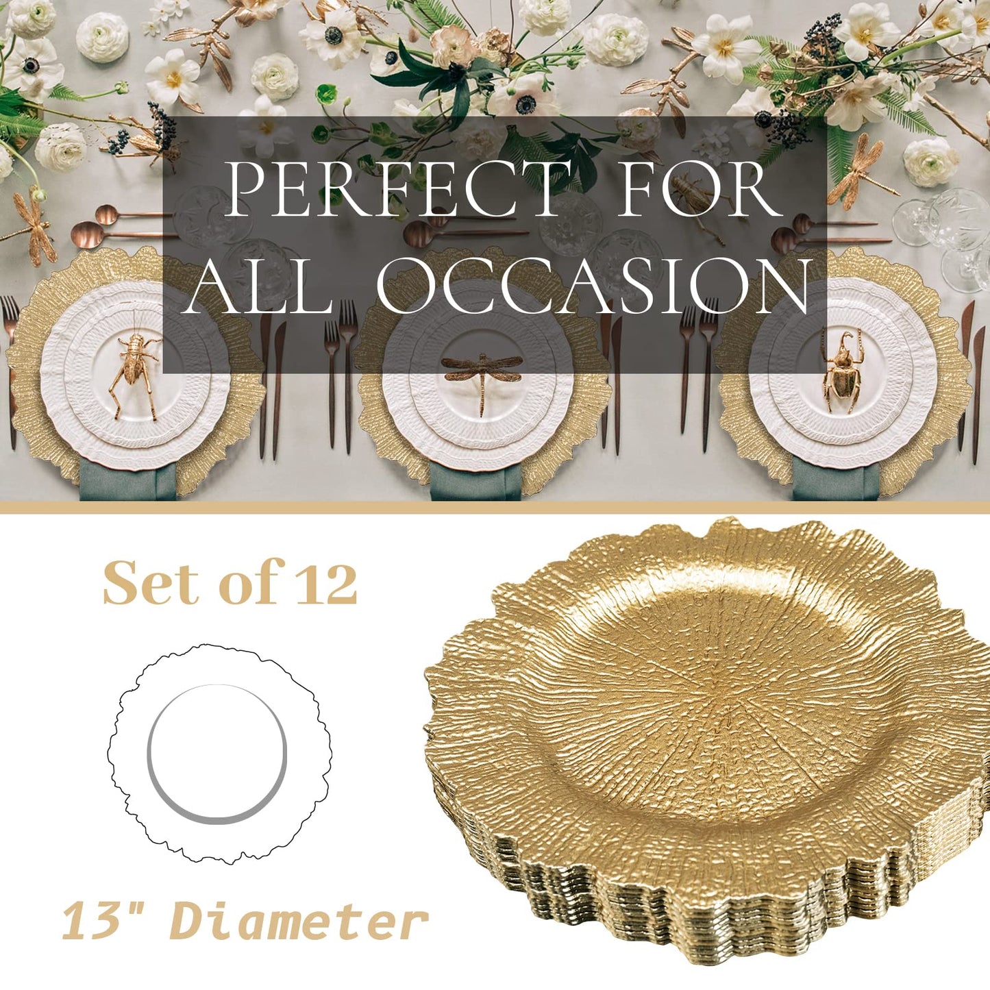 MAONAME 13" Gold Charger Plates, Round Reef Chargers for Dinner Plates, Plastic Plate Chargers for Table Setting, Wedding Decor, Set of 12