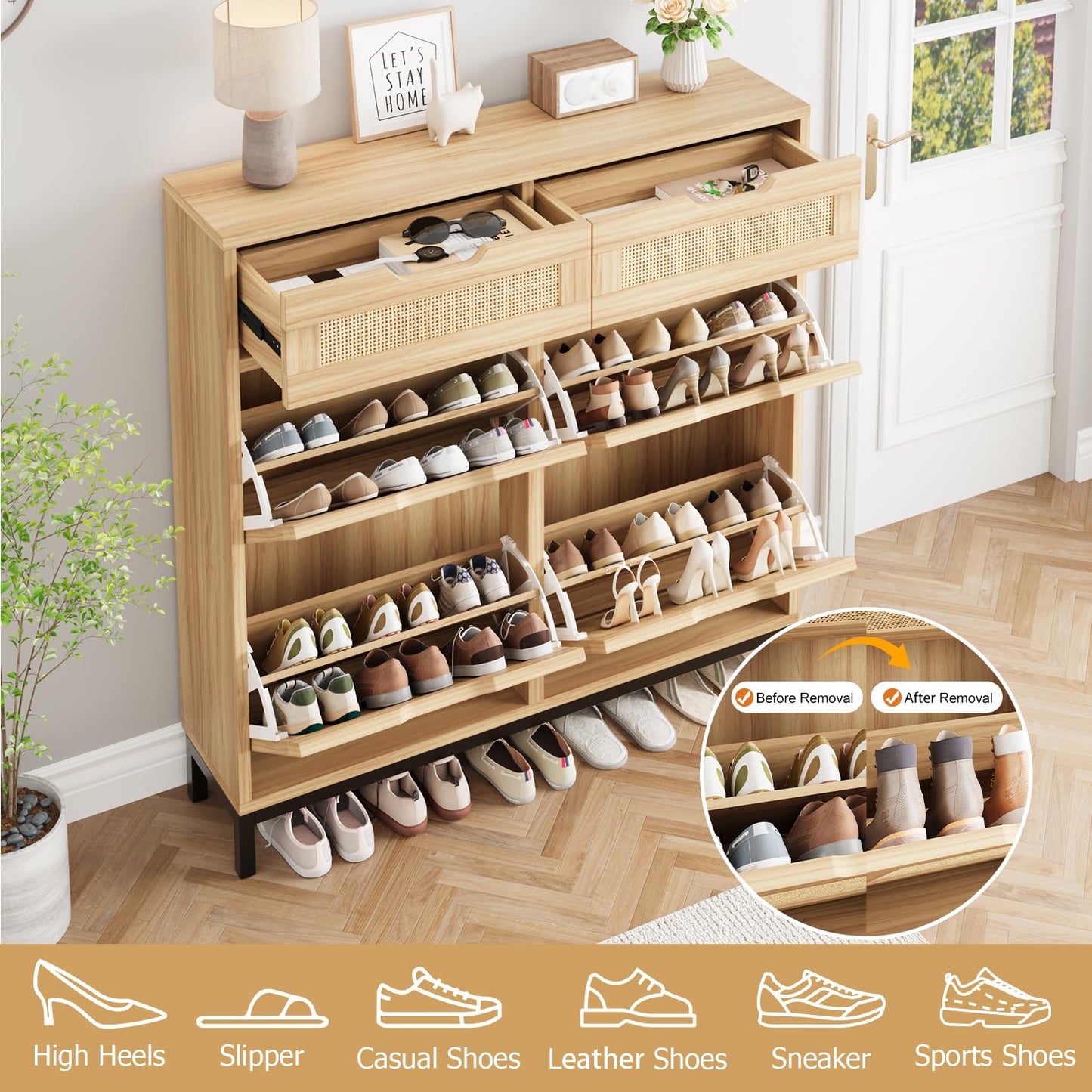 Rattan Shoe Cabinet Storage for Entryway Hidden Shoes Storage Cabinet Boho Narrow Shoe Organizer Cabinet with 4 Flip Drawers, Free Standing Wood Shoe Cabinet for Foyer, Hallway (Wood, 4 Flip Drawers)