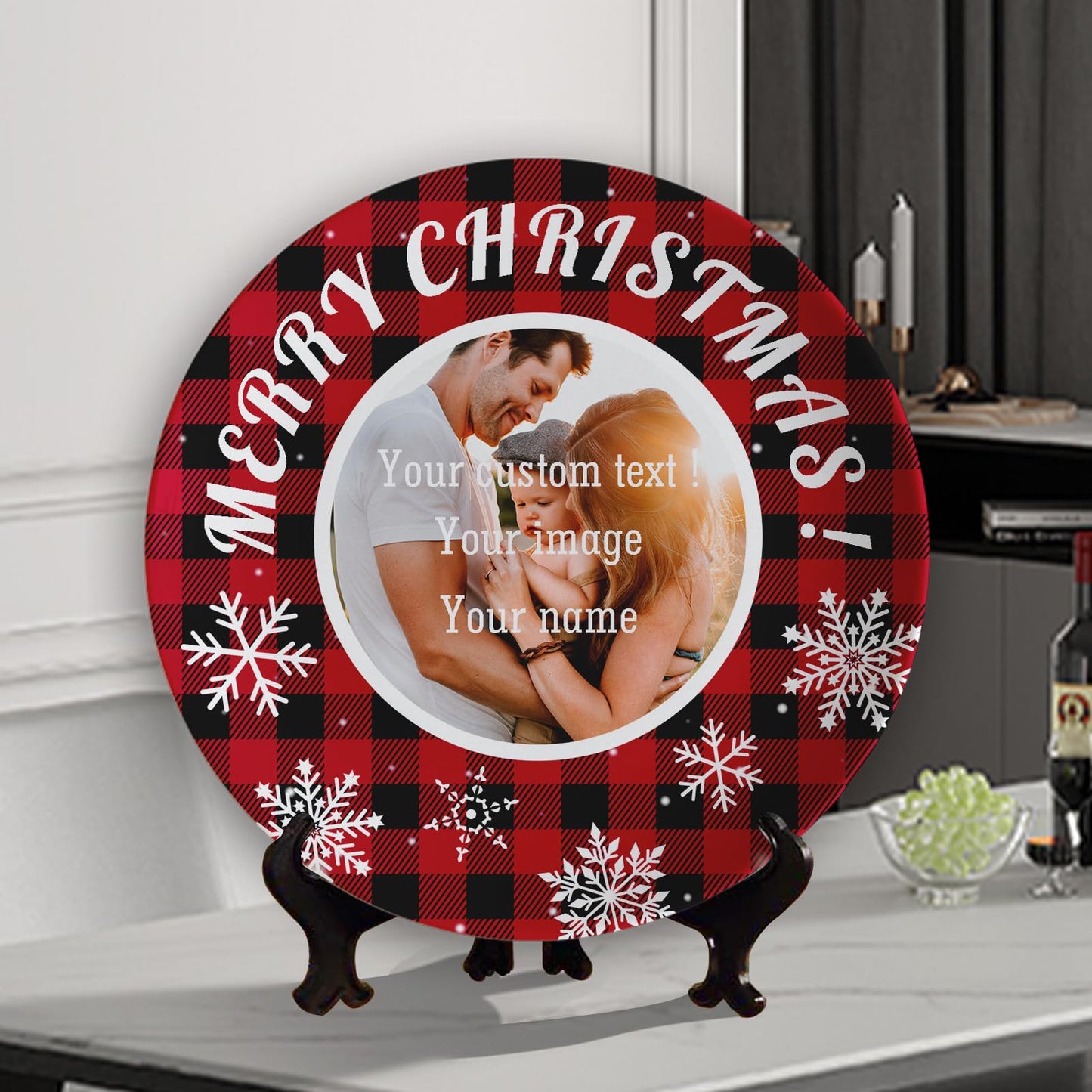 NIRVAFLORA Personalized Photo Ceramic Plate With Display Stand Customize Plaid Display Plate with Snowflake Custom Dinner Plate With Text Merry Christmas Gifts for Men Women Anniversary 6" 8" 10"