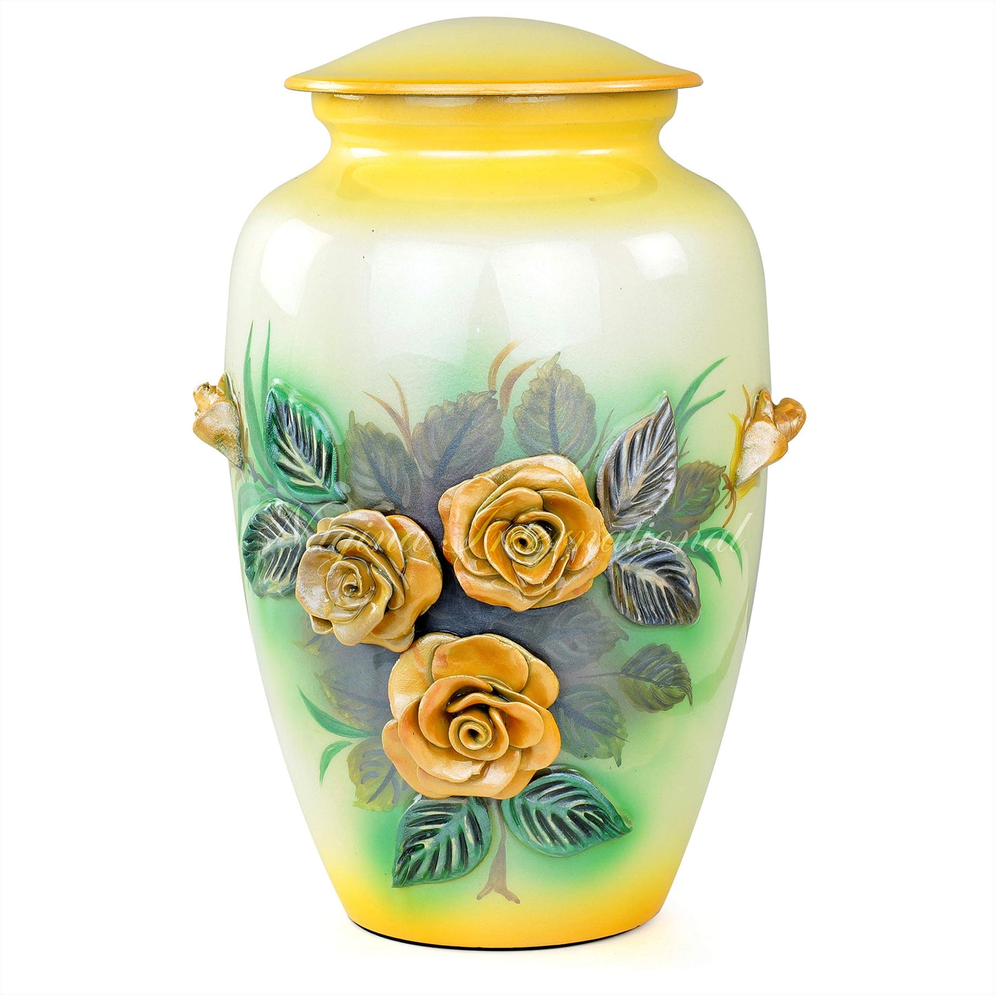 11" 3D Carved Decorative Flowers Aluminum Metal Cremation Urns for Human Ashes | Hand-Crafted Large Urn for Adult Cremation (Yellow Roses)