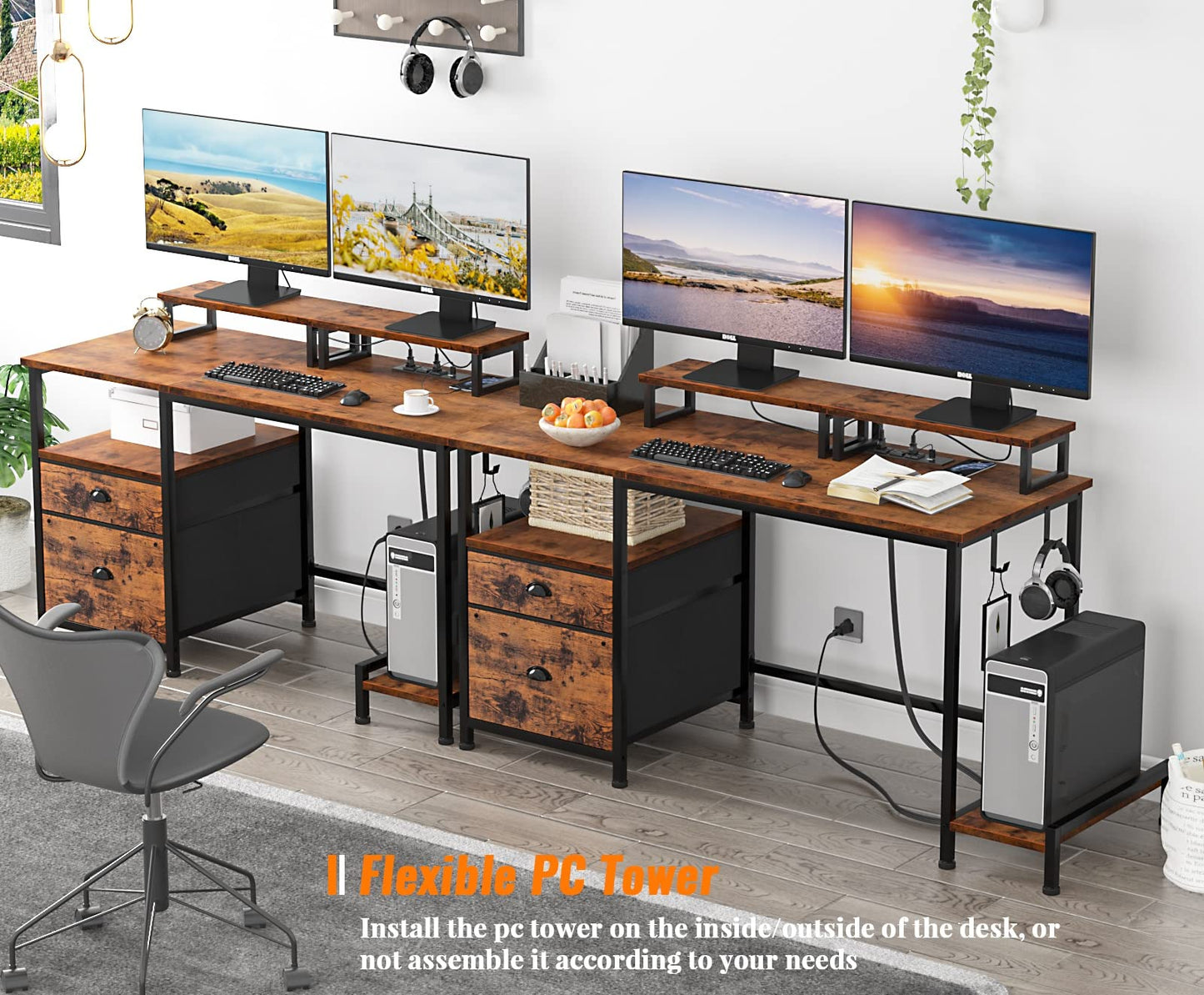Furologee Computer Desk with Drawer and Power Outlets, 47" Office Desk with 2 Monitor Stands and Fabric File Cabinet, Writing Gaming Table with Shelves and 2 Hooks for Home Office, Rustic Brown