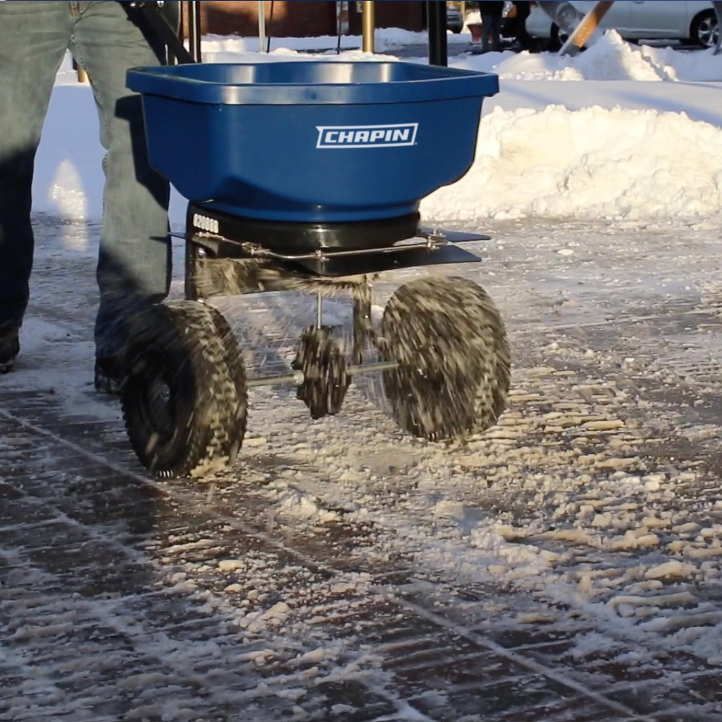 Chapin 82088 82088B 80-Pound Made in USA Commercial Sure Spread Ice Melt Walk Behind Spreader with 360-degree Baffles, Enclosed Gear System and includes Cover and Salt Grate, Blue