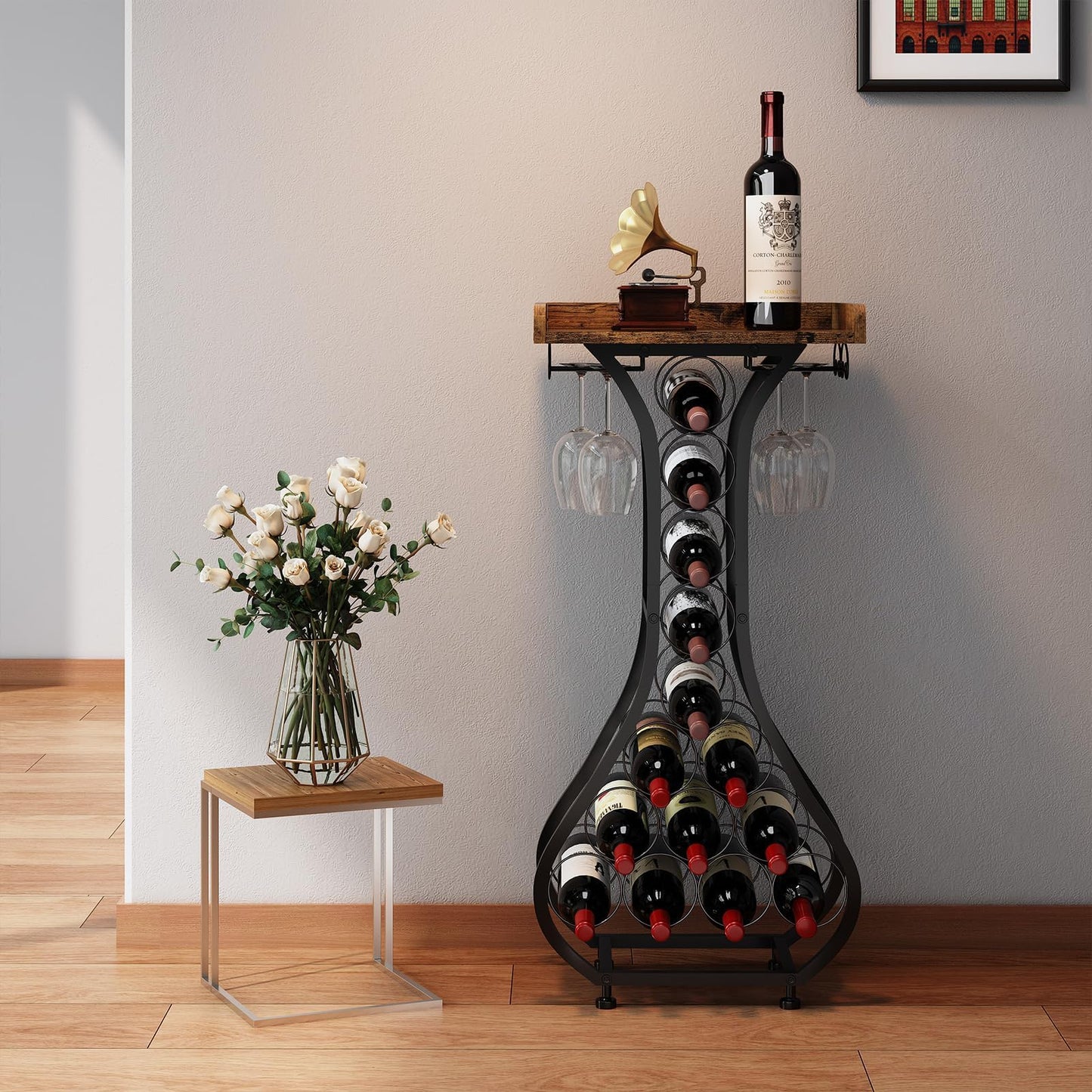 X-cosrack Wine Rack Freestanding Floor, Mini Bar Table Wine Holder Stand Liquor Cabinet with Glass Holder Wood Tabletop 14 Bottles Floor Wine Storage for Home Bar Kitchen Dining Living Room