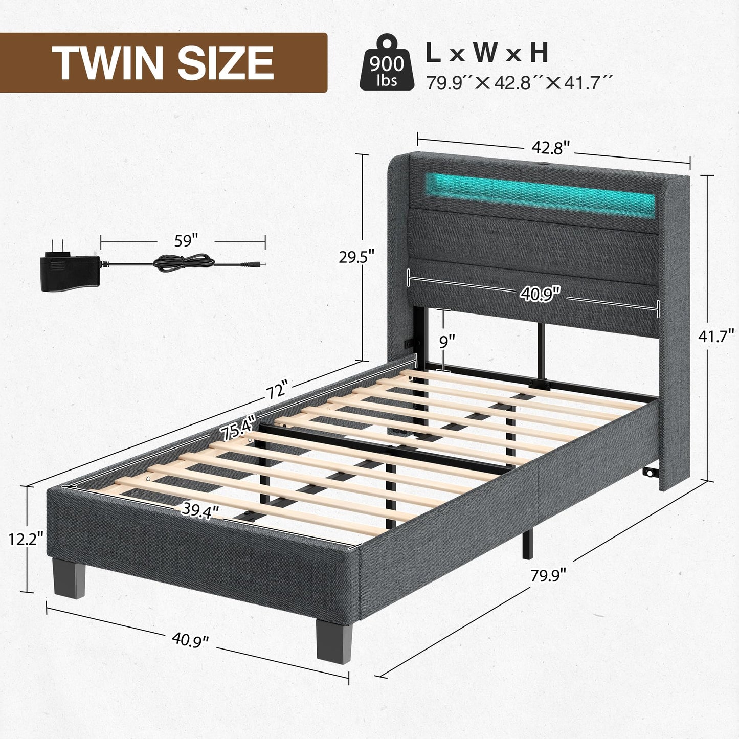 Rolanstar Bed Frame Twin Size with LED Lights and Charging Station, Upholstered Bed with Motion Activated Night Light and Wood Slats, Dark Grey