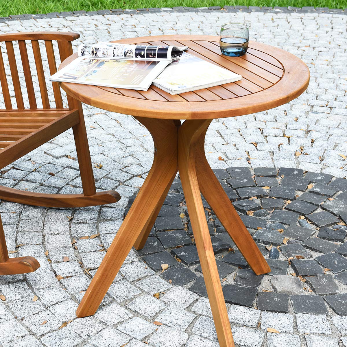 Tangkula 27.5 Inch Eucalyptus Wood Outdoor Patio Bistro Table, Round Wooden Table w/X Base, Coffee Side Bistro Table for Garden, Backyard, Patio, Living Room (Teak)