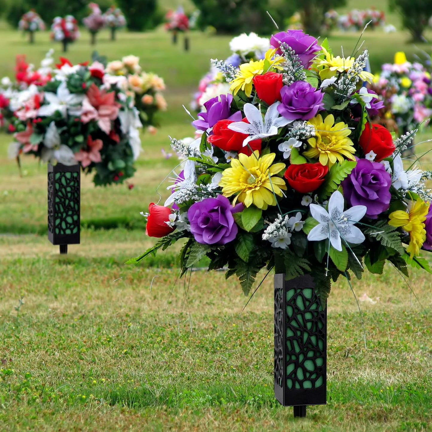 Hahood 8 Packs Cemetery Vases with Spikes and Foam Plastic Grave Vase Outdoor In Ground Cemetery Grave Flower Holders Memorial Gravestone Headstone Flower Vase for Cemetery Grave Decoration