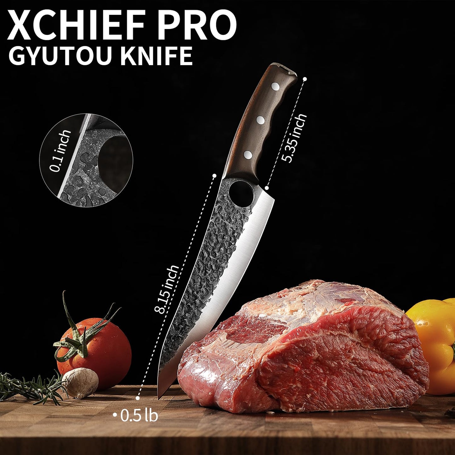 XCHIEF PRO 8.15'' Gyutou Chef Knife - Sharp Kitchen Knife for Meat Cutting, Japanese High-Carbon Steel Cooking Knife, Full Tang Design Butcher Knife, Kitchen Gadgets with Premium Gift Box