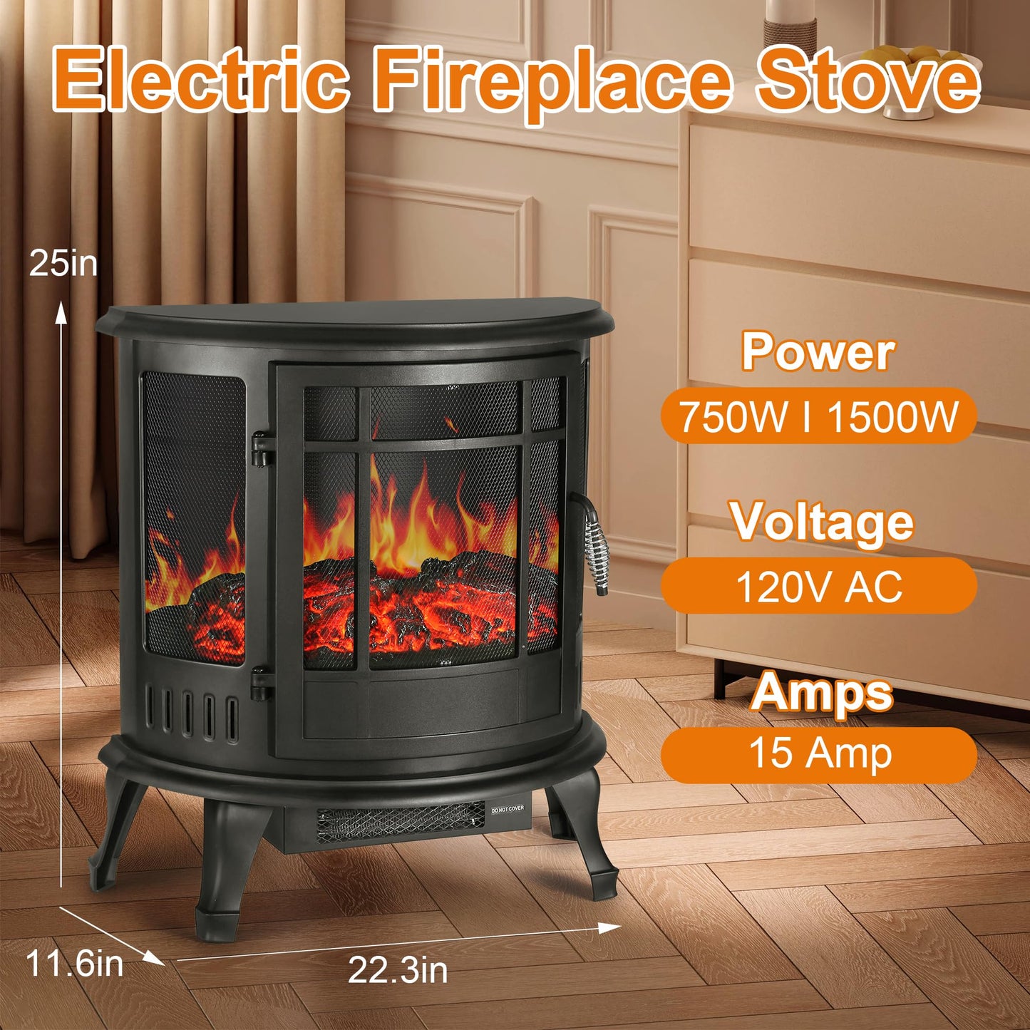 25" Freestanding Electric Fireplace Heater - Indoor Fireplace Stove with Realistic LED 3D Flames and Logs, Fire Places Electric, Infrared Heater with Remote Contro, Timer, 750 | 1500W