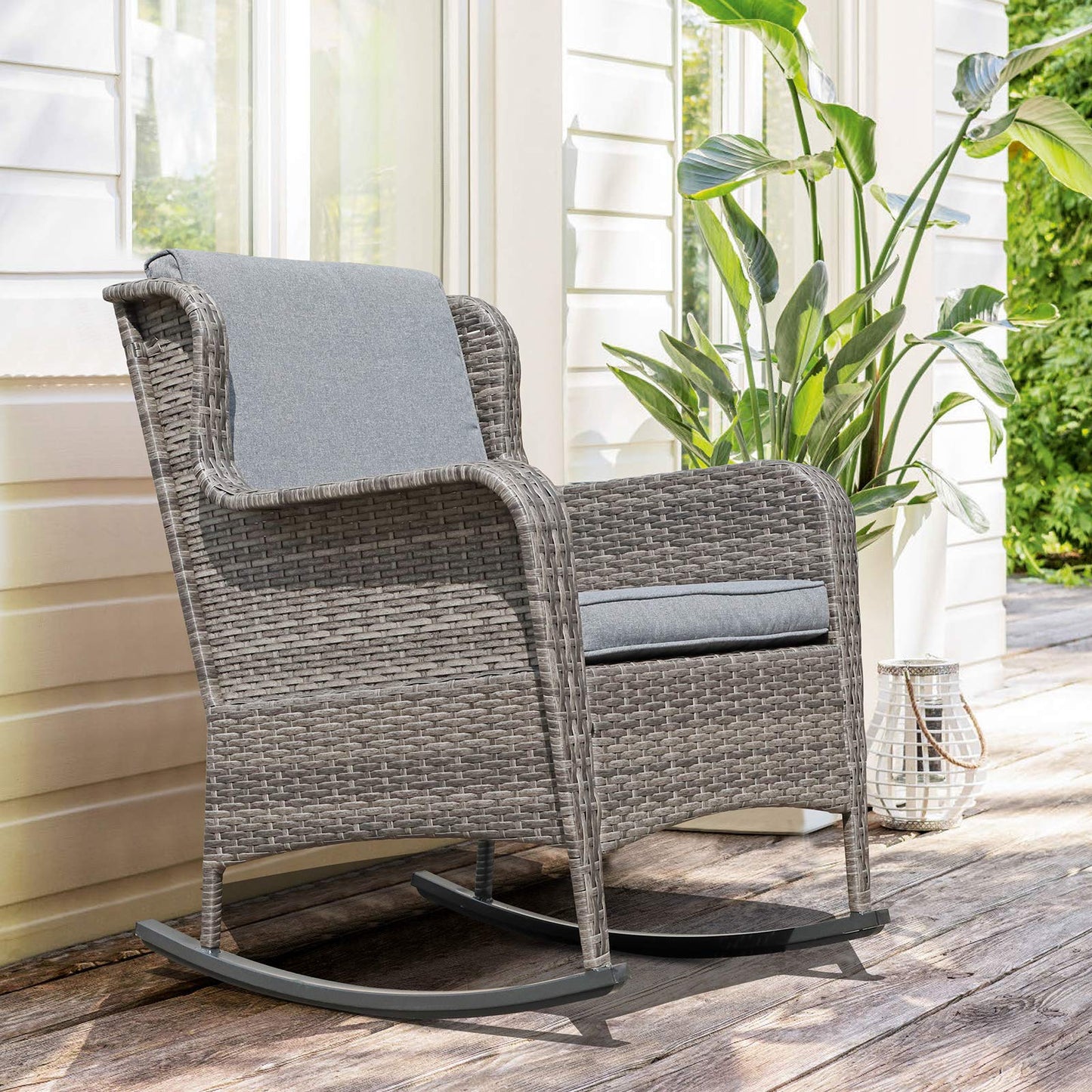 Soleil Jardin Outdoor Resin Wicker Rocking Chair with Cushions, Patio Yard Furniture Club Rocker Chair, Gray Wicker & Gray Cushions