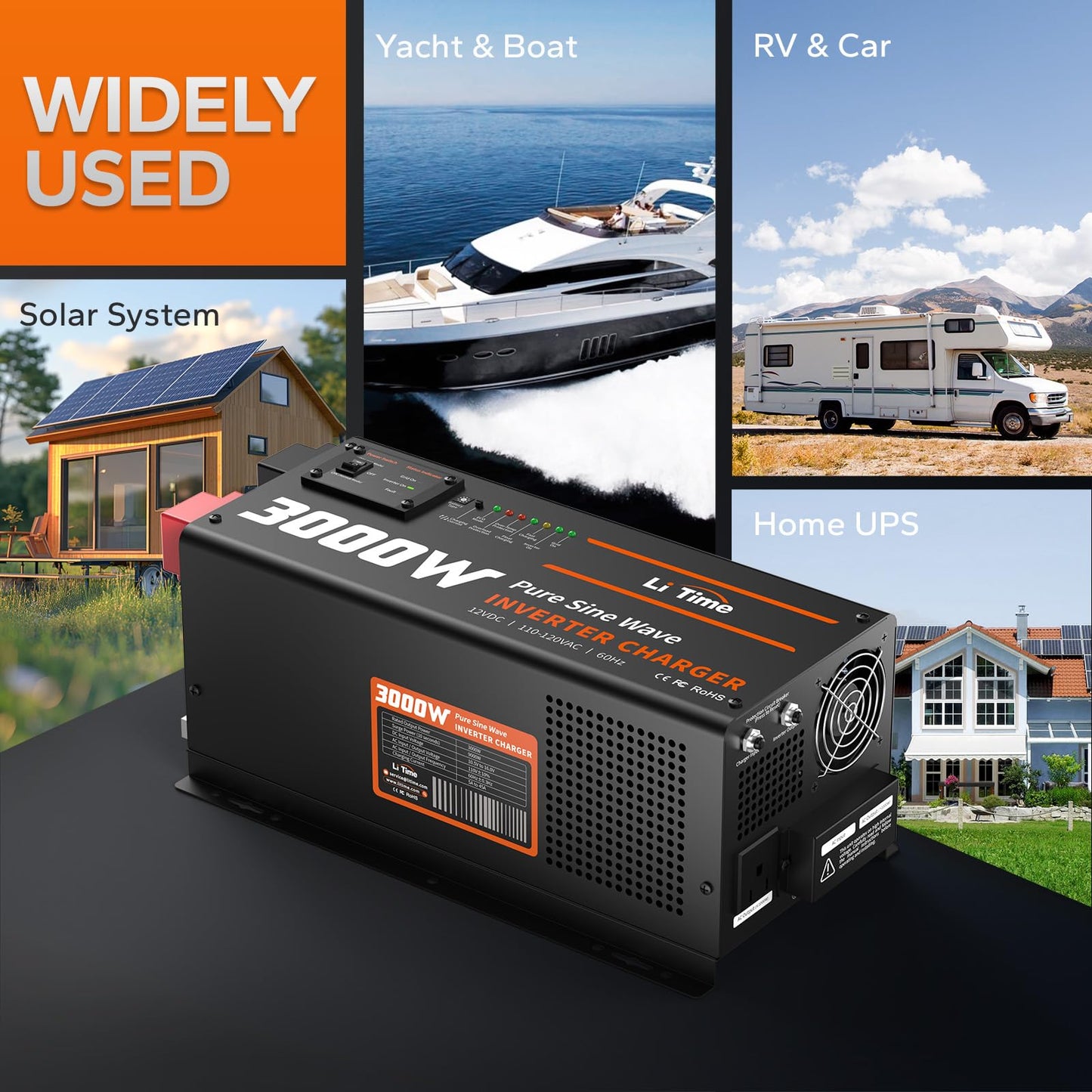 LiTime 3000W Pure Sine Wave Inverter Charger, 12V DC to 120V AC Inverter w/LCD Remote Panel, 5A to 45A Adjustable Charging Current, Surge 9000W Inverter for UPS, RV, Home, Boat