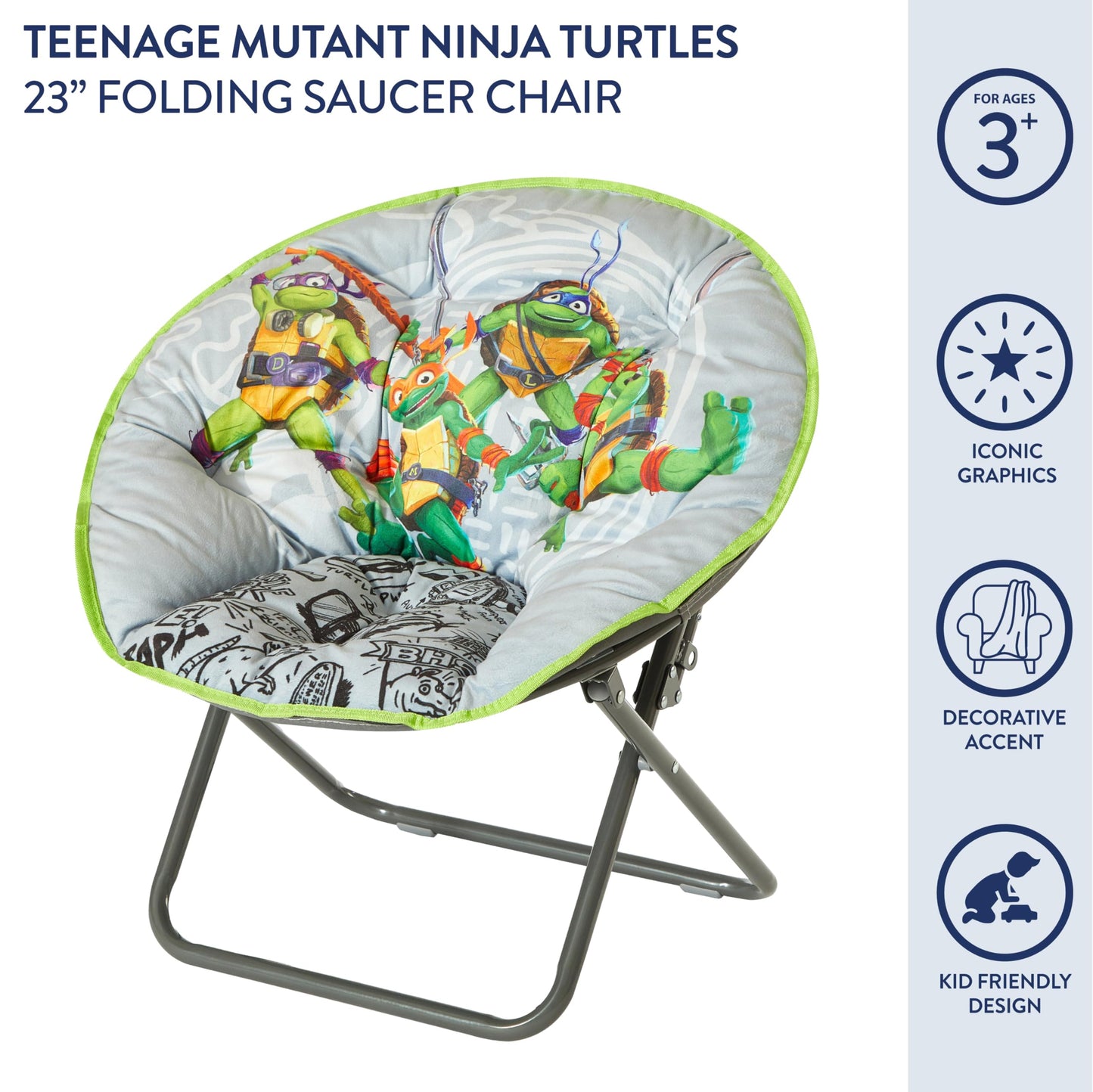 Idea Nuova Nickelodeon Teenage Mutant Ninja Turtles Mutant Mayhem 23" Kids Folding Saucer™ Chair with Metal Frame, Ages 3+