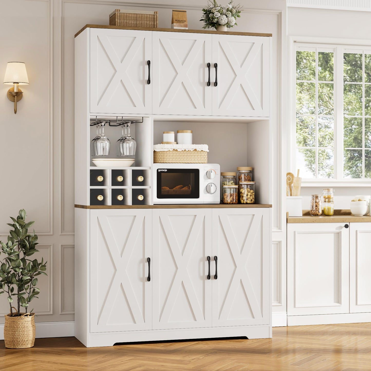 HOSTACK Kitchen Pantry Storage Cabinet, 71" Tall Food Pantry Cabinet with Microwave Stand, Farmhouse Kitchen Hutch Cabinet, Coffee Bar Hutch with Wine Rack for Dining Room, Living Room, White