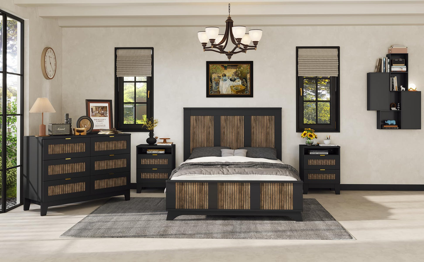 Harper & Bright Designs 4-Pieces Bedroom Sets, Full Size Platform Bed with 2 Nightstands and A 6-Drawer Dresser, Full Size Bedroom Set with Wooden Strip Decoration, Black