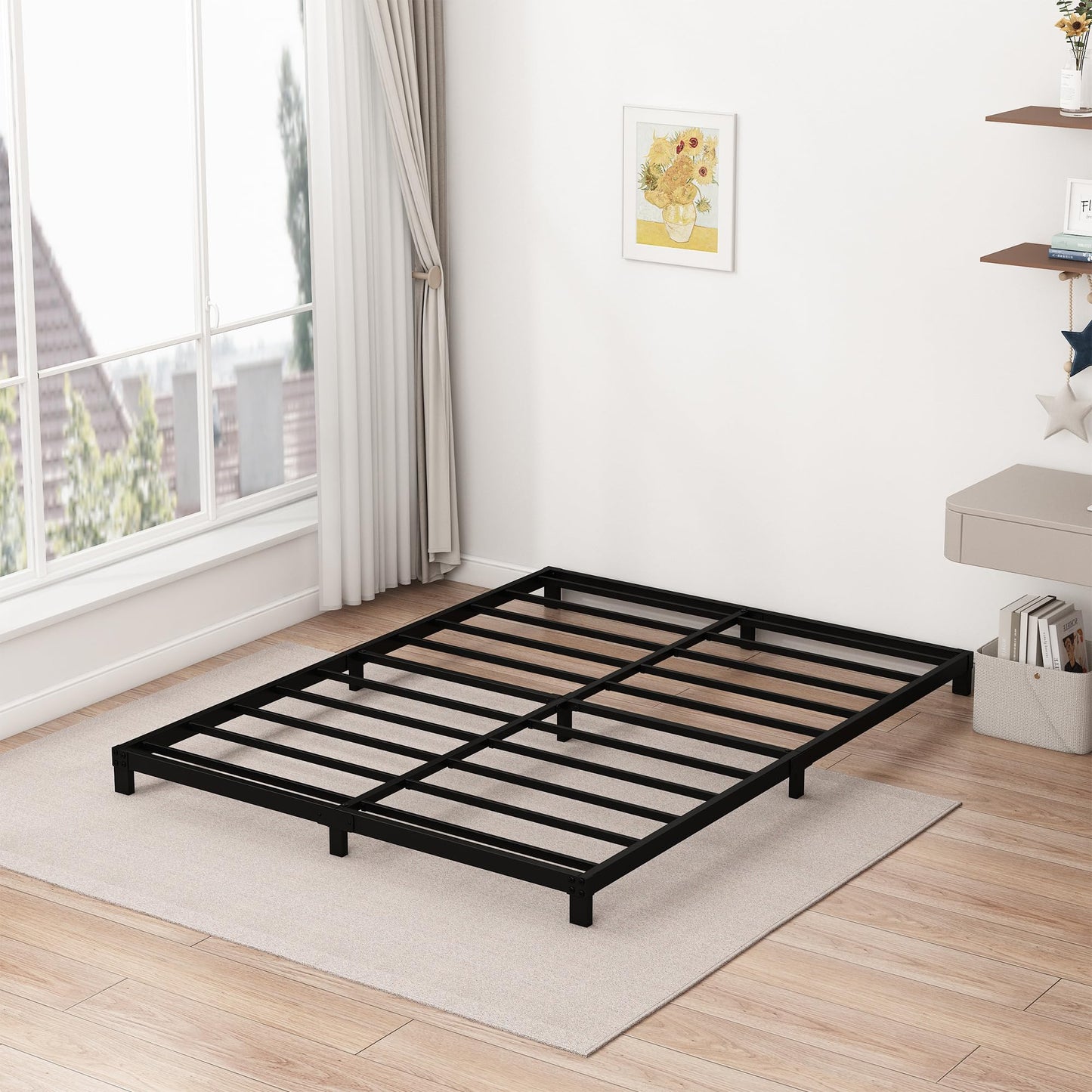 Fly-CTsoar 5 Inch Low Queen Bed Frame Heavy Duty Metal Platform, No Box Spring Needed, Easy Assembly Mattress Foundation, No Noise, Black