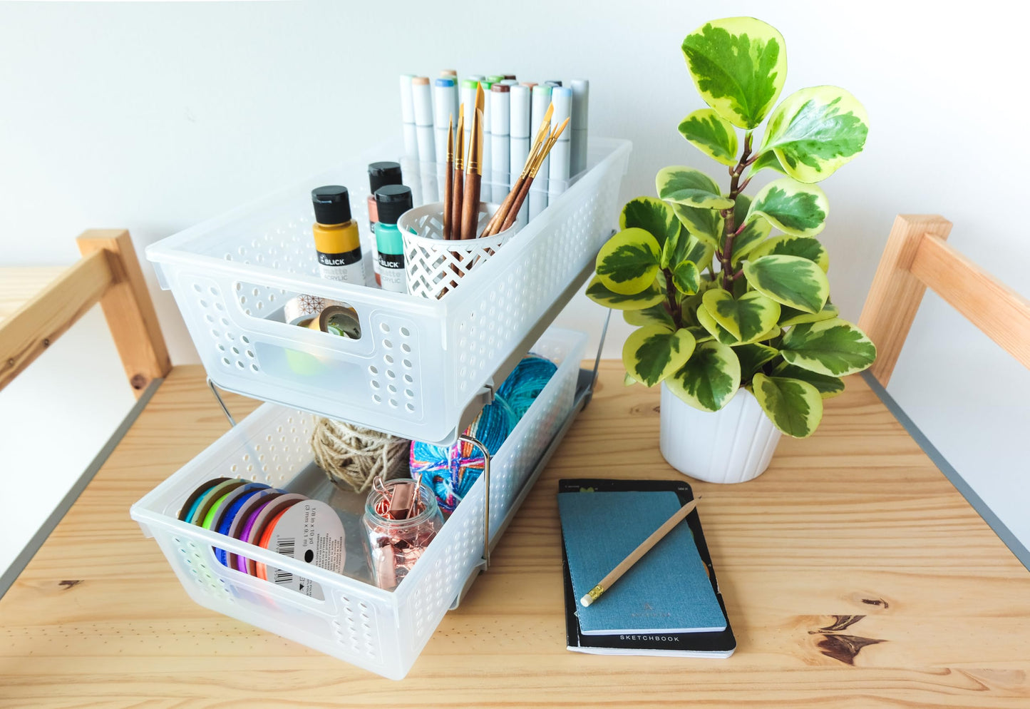 madesmart 2-Tier Organizer, Multi-Purpose Slide-Out Storage Baskets with Handles and Dividers, Frost