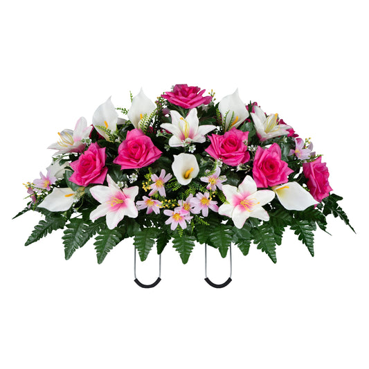 Sympathy Silks 30" Headstone Saddle - Mothers Day Grave Flowers - Beauty Pink Roses, White Calla Lily and Lilies