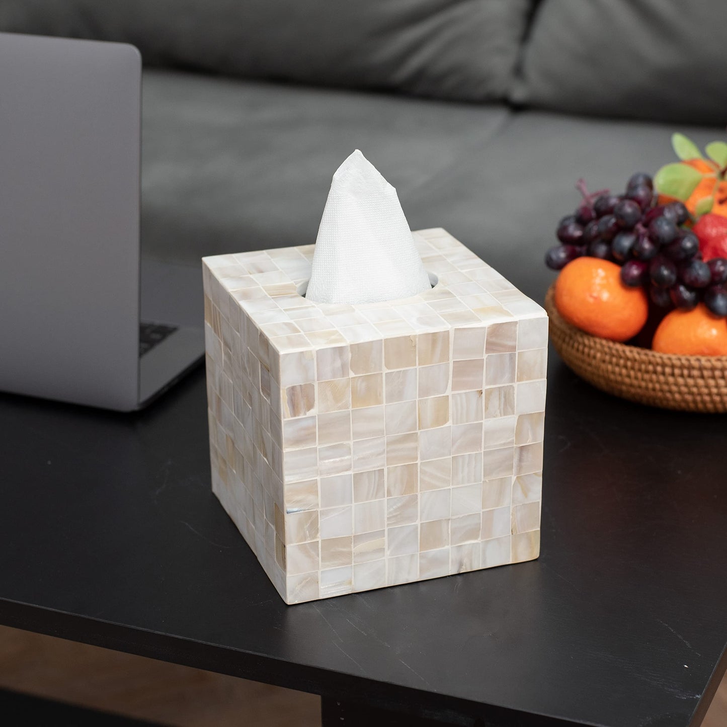 CLAYNIX Tissue Box Cover - Mosaic Mother of Pearl Inlay Tissue Box Holder - Tissue Box Cover Square 5.9 x 5.9 x 5.9 in - Decorative Bathroom, Bedroom or Office (White)