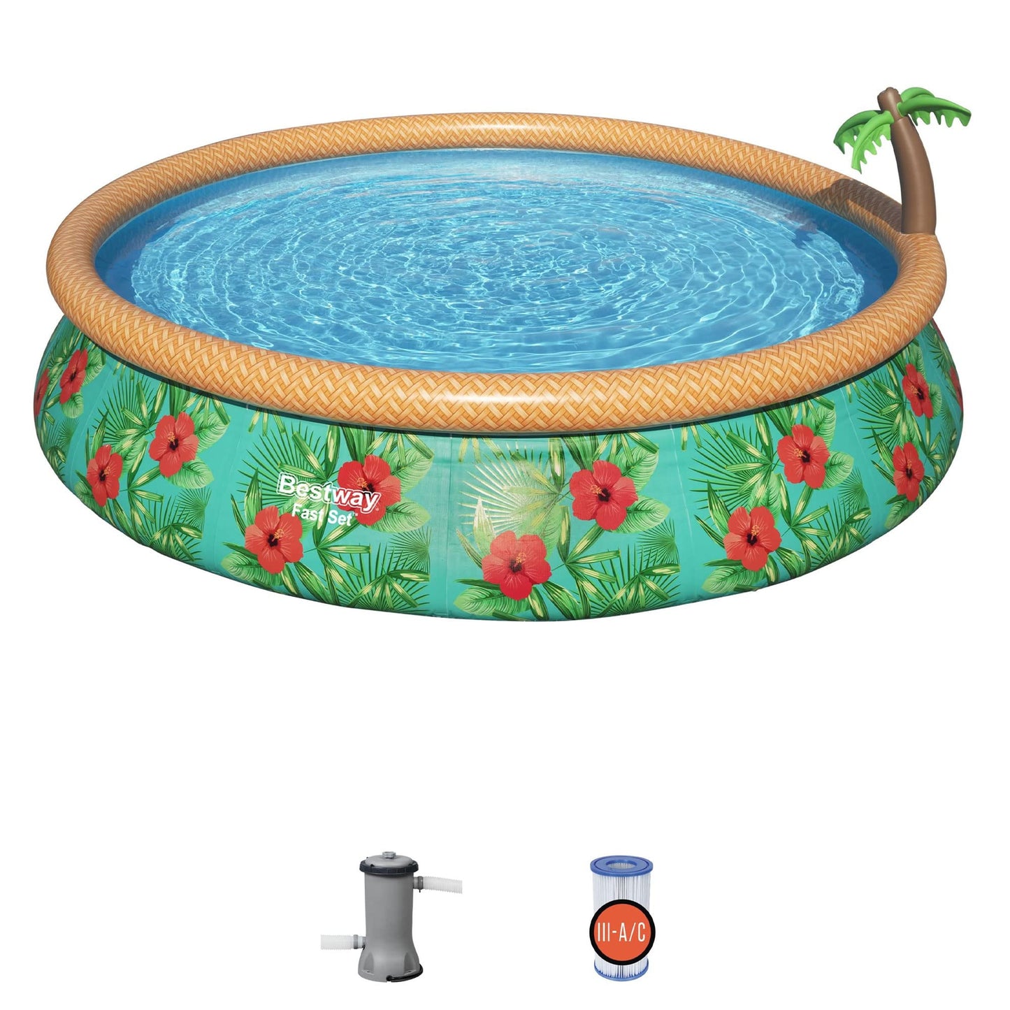 Bestway Fast Set Paradise Palms 15' x 33" Round Inflatable Outdoor Swimming Pool Set with Built-In Palm Tree Sprinkler and Filter Pump