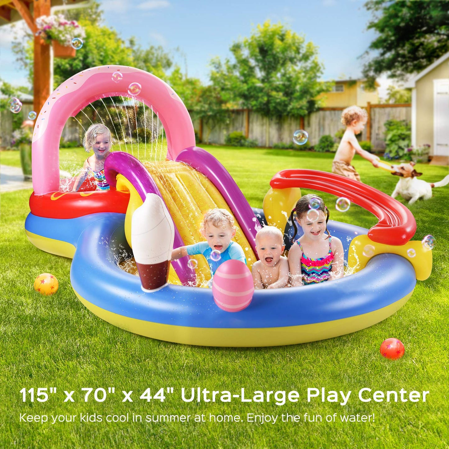 Inflatable Play Center, Full-Sized Kiddie Pool with Slide, 115" X 70" X 44", Baby Kids Pool, Fountain Arch, Ball Roller for Toddler, Thick Wear-Resistant Big Above Ground, Garden Backyard Water Park