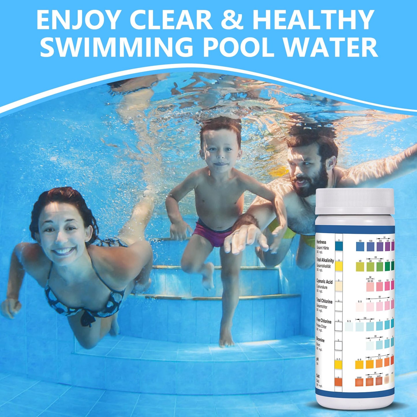 Pool Test Strips, 125ct 8 in 1 Pool and Spa Test Strips for Hot Tub, Swimming Pools and Salt Water Pools - Easy to Test pH, Chlorine, Alkalinity, Hardness, Cyanuric Acid, and Salt Testing Kit