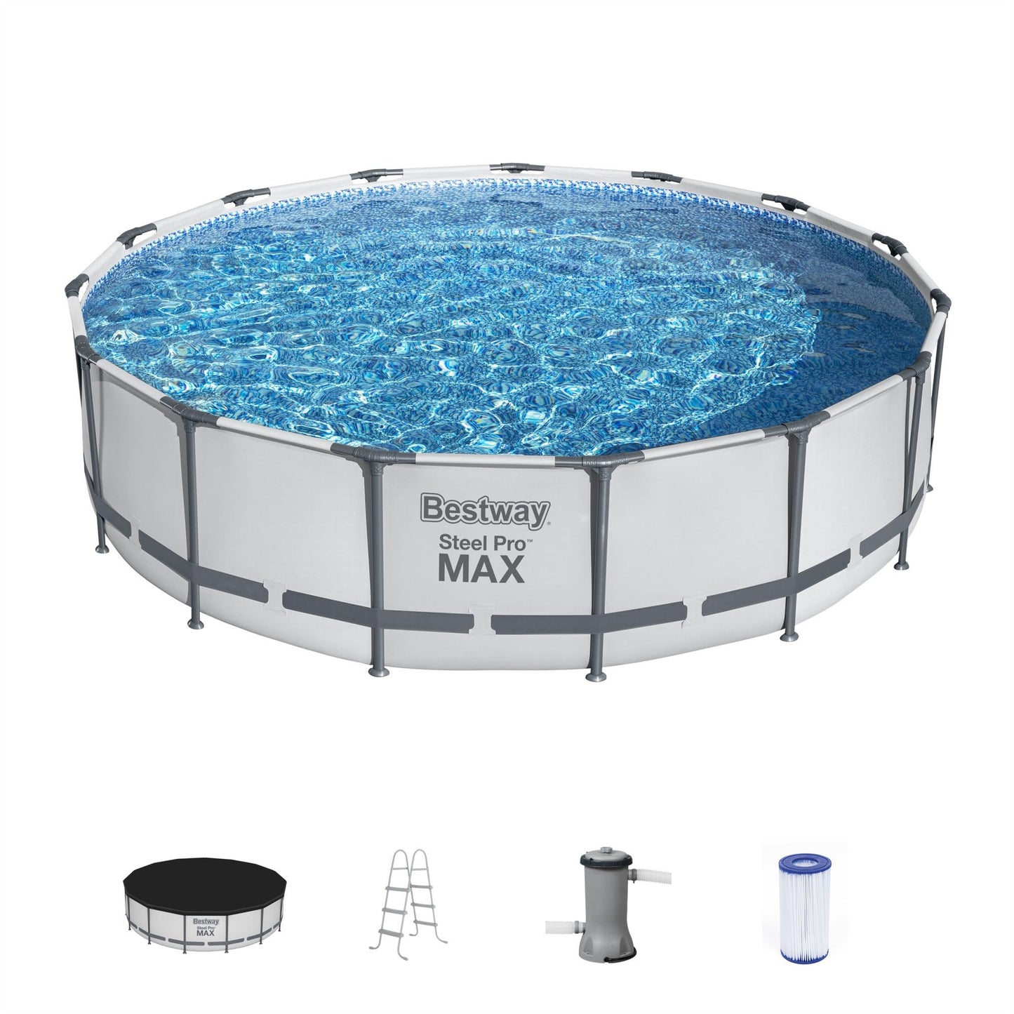 Bestway Steel Pro MAX 15" x 42" Round Above Ground Swimming Pool Set Outdooor Metal Frame Family Pool with Filter Pump, Ladder, and Cover