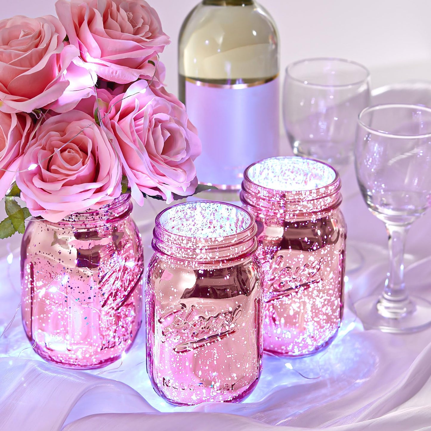 Tioncy 12 Pcs Painted Mason Jars for Table Glass Decorative Jars with 12 Light Strings for DIY Wedding Valentines Day Housewarming Home Decoration(Pink)