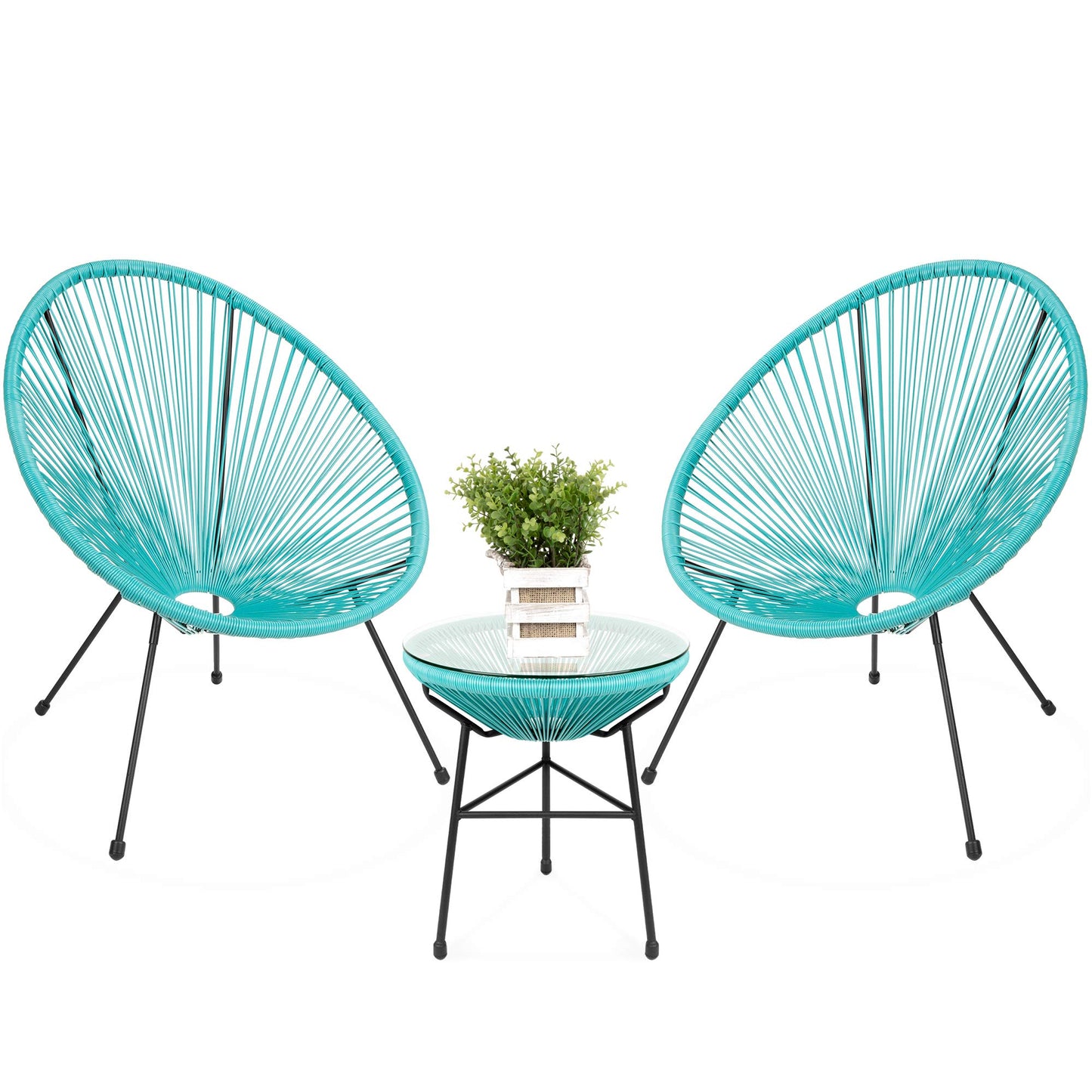 Best Choice Products 3-Piece Outdoor Acapulco All-Weather Patio Conversation Bistro Set w/Plastic Rope, Glass Top Table and 2 Chairs - Light Blue