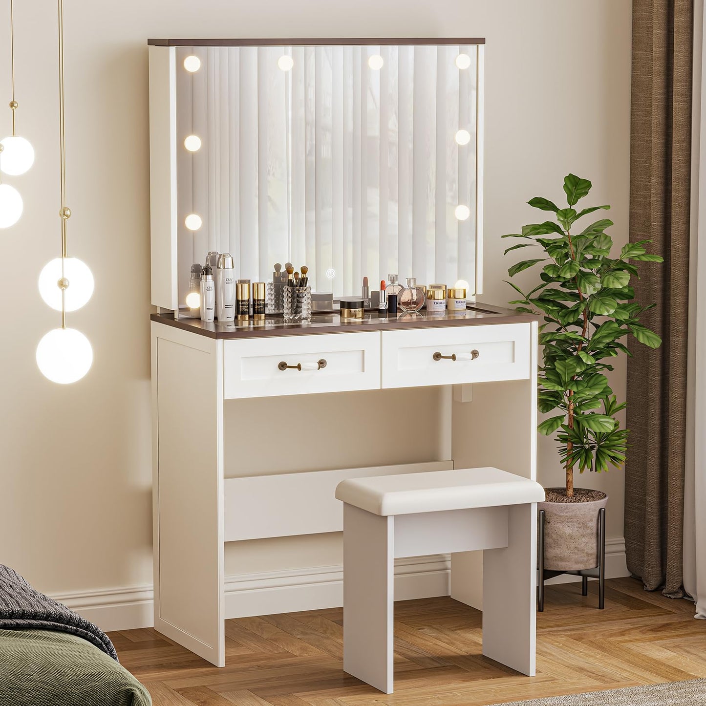 Small Farmhouse Vanity Desk with Jewelry Storage and Glass Top, White Makeup Vanity with Mirror and Lights, Compact Vanity with Chair, Charging Station for Bedroom