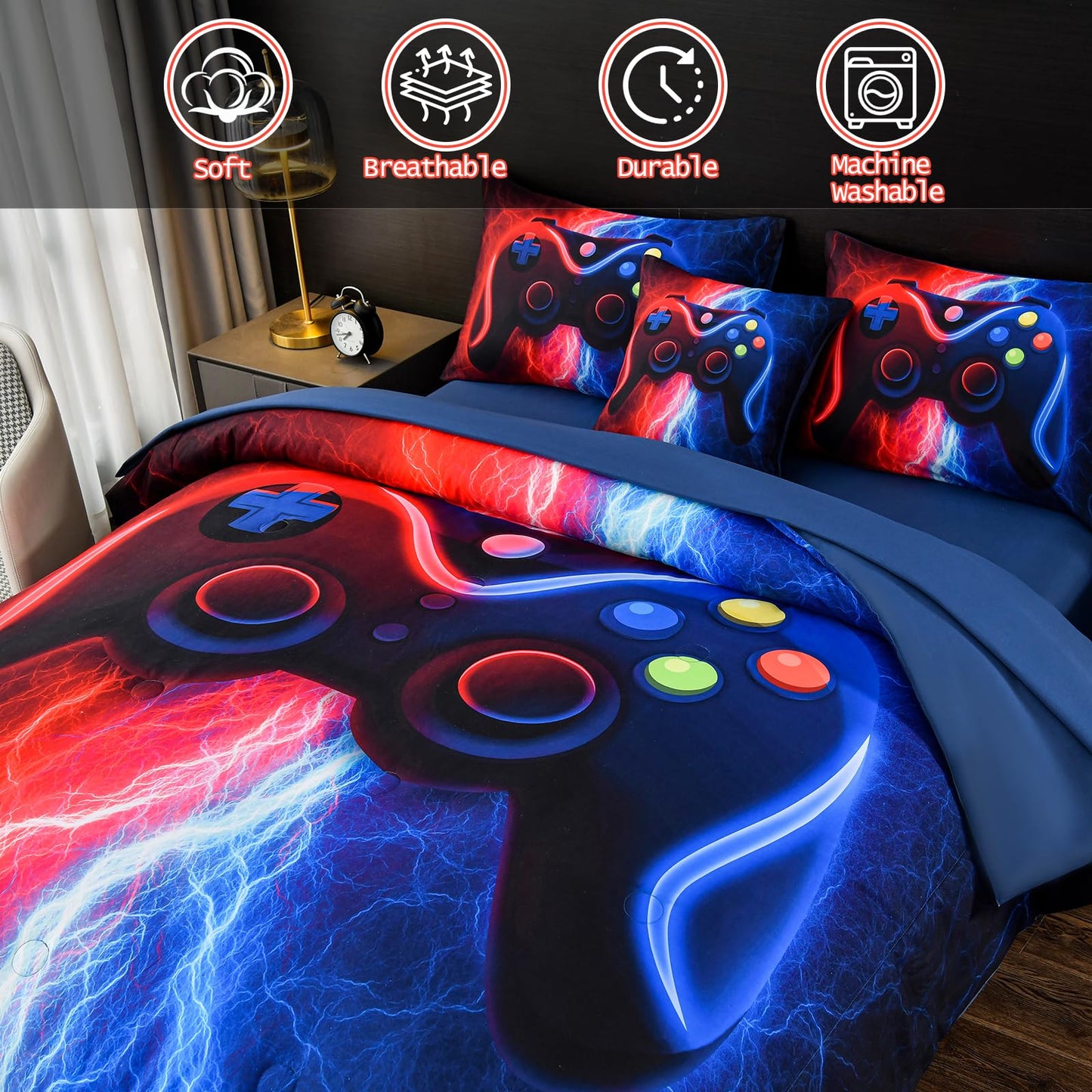 DORCAS Gamer Comforter Sets with Sheets for Boys,Twin Size Gamer Bedding Sets Boys,6 Pieces Lightning Gaming Comforter Set for Boys Kids Teens (Red&Blue, Twin)