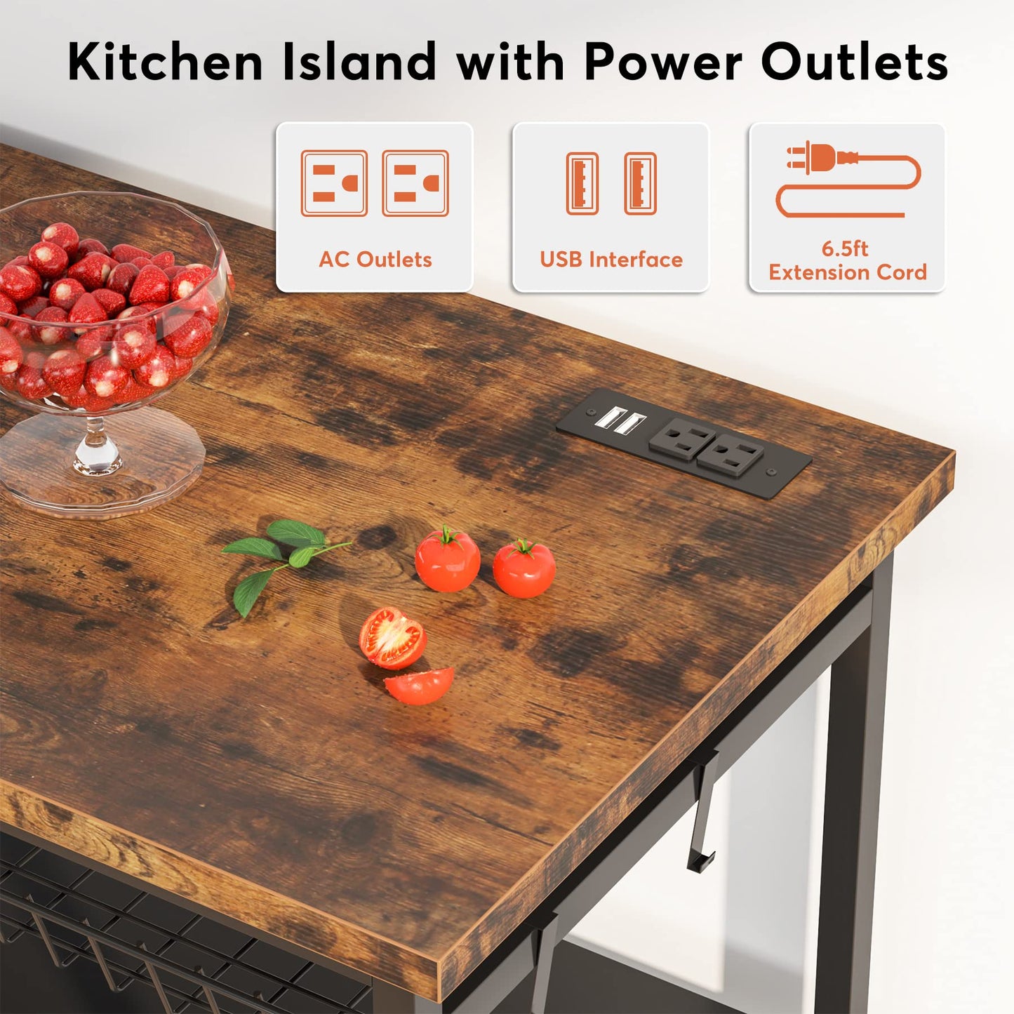 Tribesigns Kitchen Island with Storage, Industrial Island Table with Power Outlets and Wire Baskets, 3 Tier Microwave Oven Stand Butcher Block Island with Large Worktop, 4 Hooks, Rustic Brown