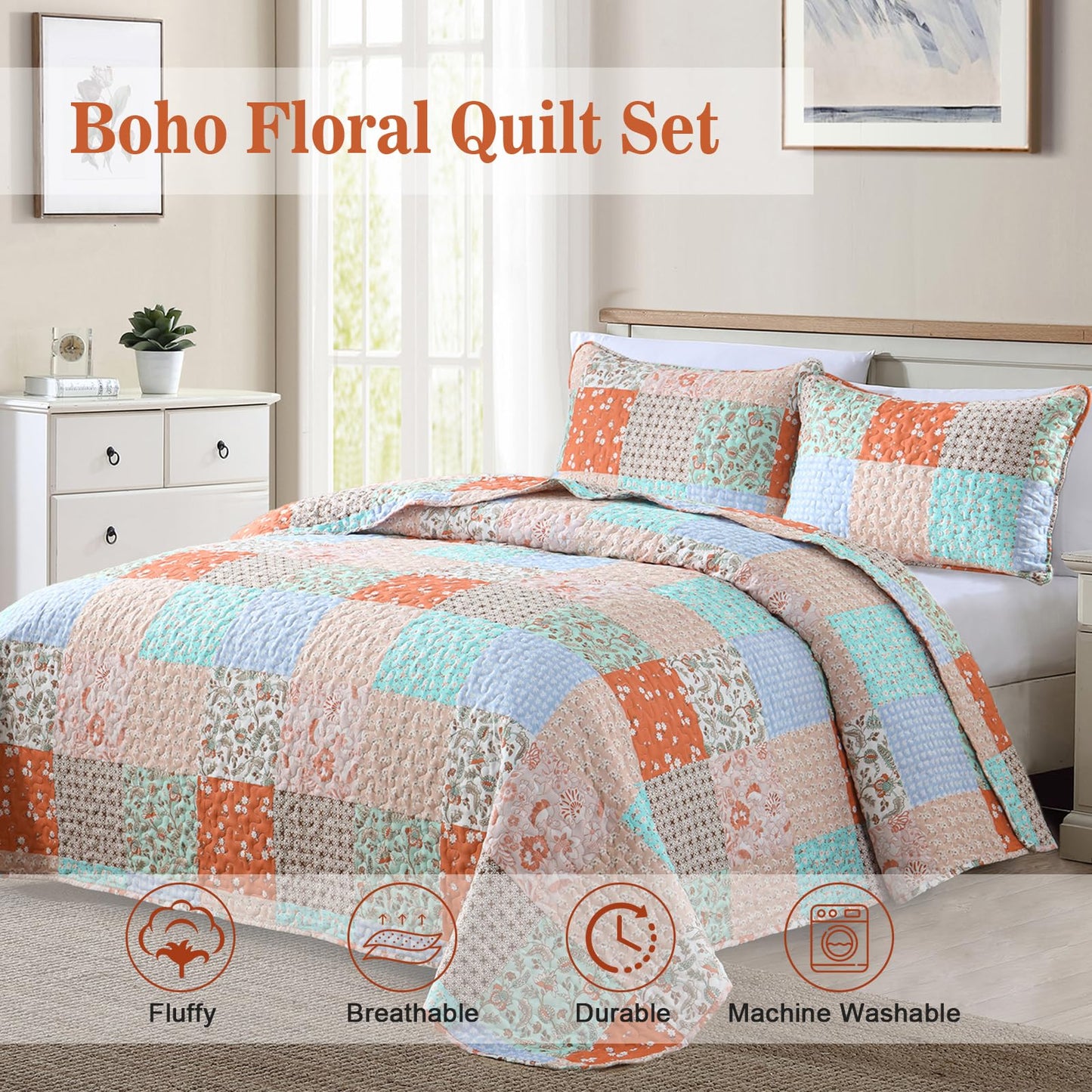 Queen Quilt Set Boho Orange Teal Patchwork Bedspread Floral Coverlet Reversible Spring Bed Quilt Set Soft Microfiber Bedding Farmhouse Garden Bed Sets for All Season