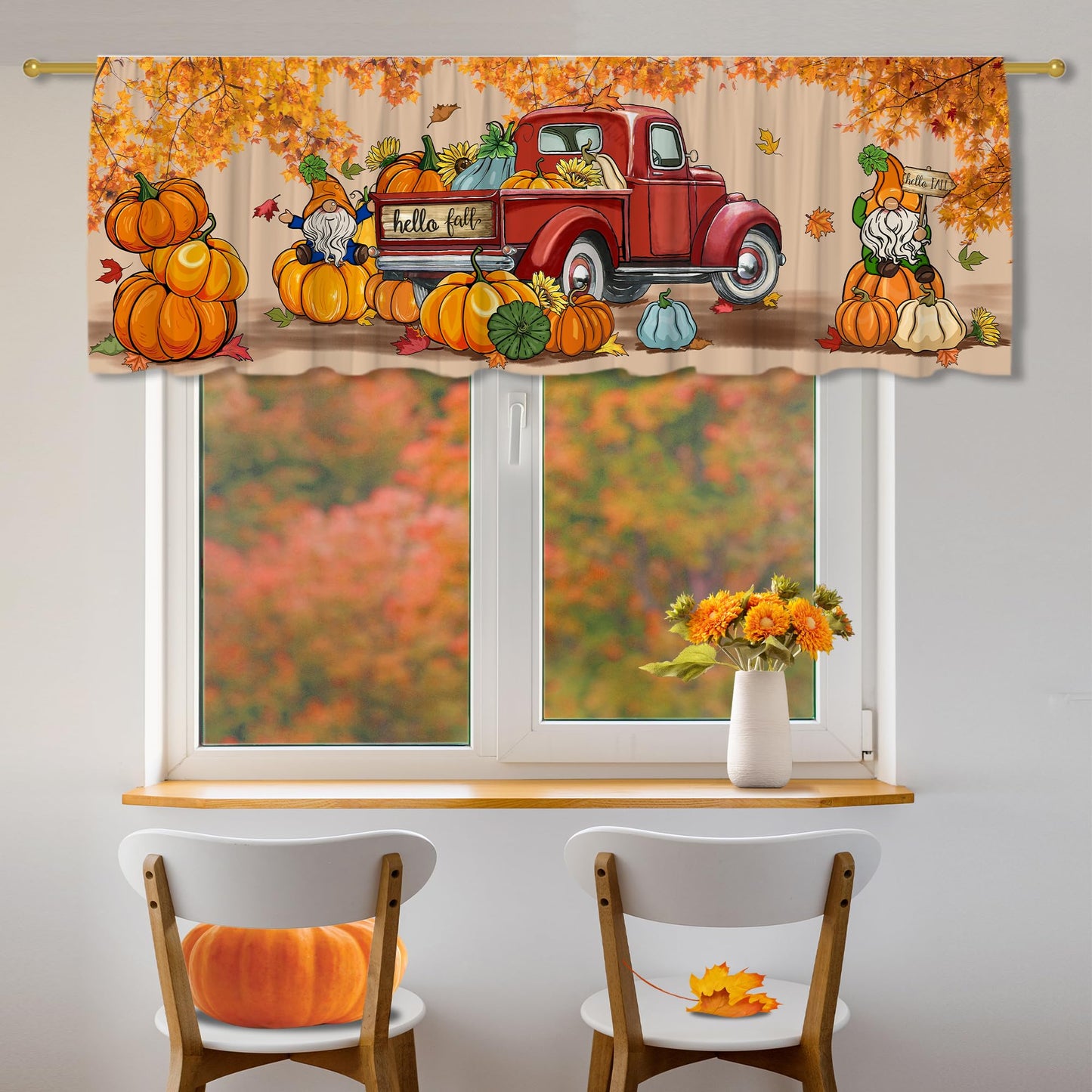 Fall Valance Curtain for Kitchen-Fall Decorations Orange Window Valance for Living Room Bedroom Scroll -Fall Gnomes Decor Rod Pocket Valances Pumpkin Truck-Autumn Window Treatment Valance 18" X 54"