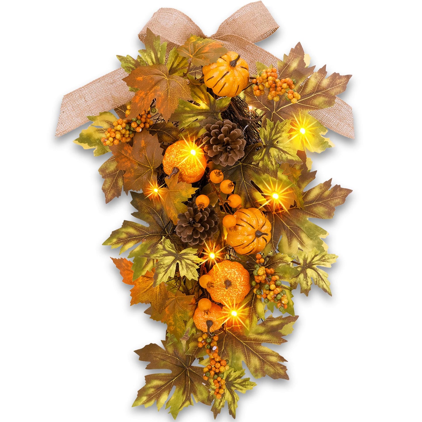 YULETIME 24" Pre-lit Decorative Teardrop Swag, Battery Operated Autumn Theme Swag with Fairy Lights, Artificial Small Pumpkin, Flaxen Bow, Natural Rattan, Orange Berries, Maple Leaves (Pumpkin)