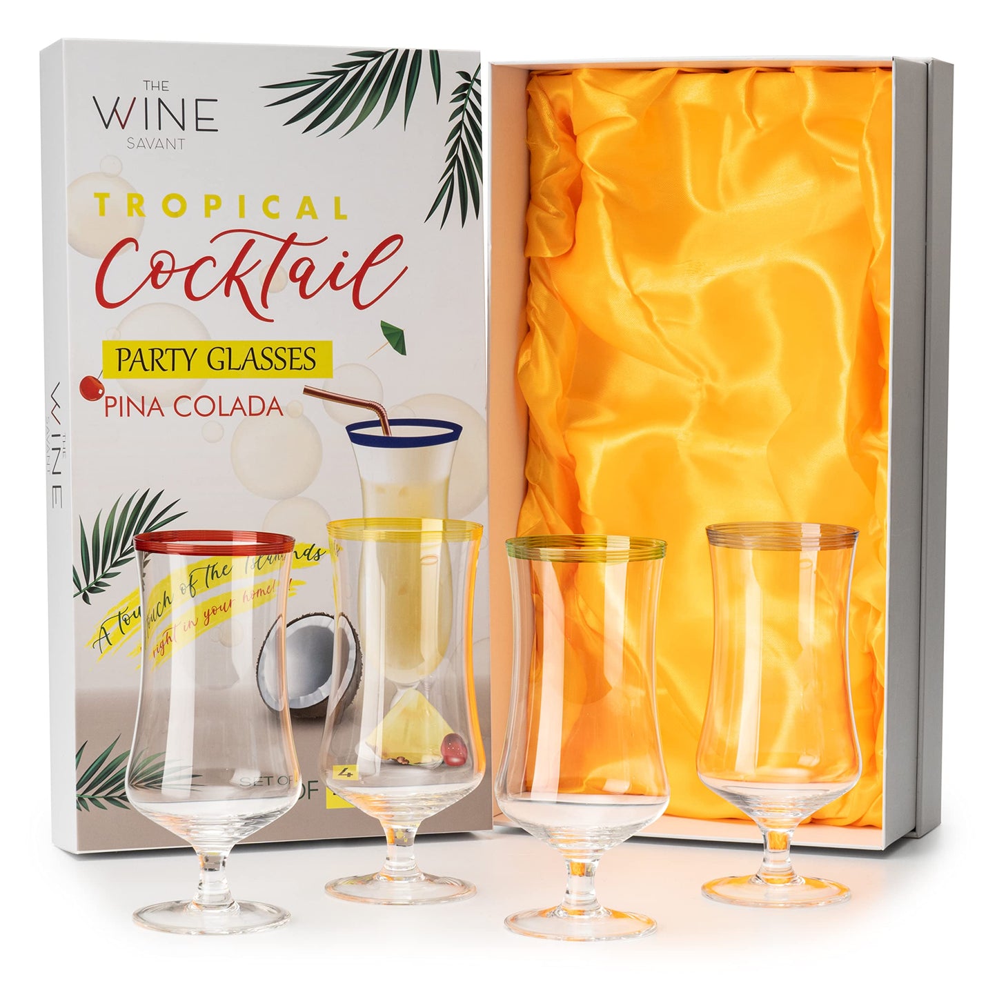 Pina Colada, Daiquiri, Frozen Cocktails & Juice Glasses, Hurricane Glassware, Large 17oz - 4 Set - Tropical Cocktail Tall Stemmed Crystal Grande Cups, Tulip Shaped for Bar Drinks, Bloody Mary, Mai Tai