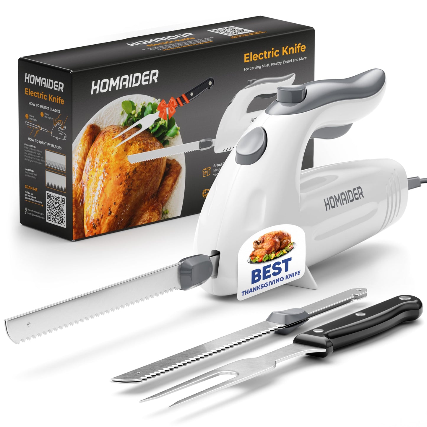 Homaider Electric Knife for Carving Meat, Turkey, Bread & More. Serving Fork and Carving Blades Included