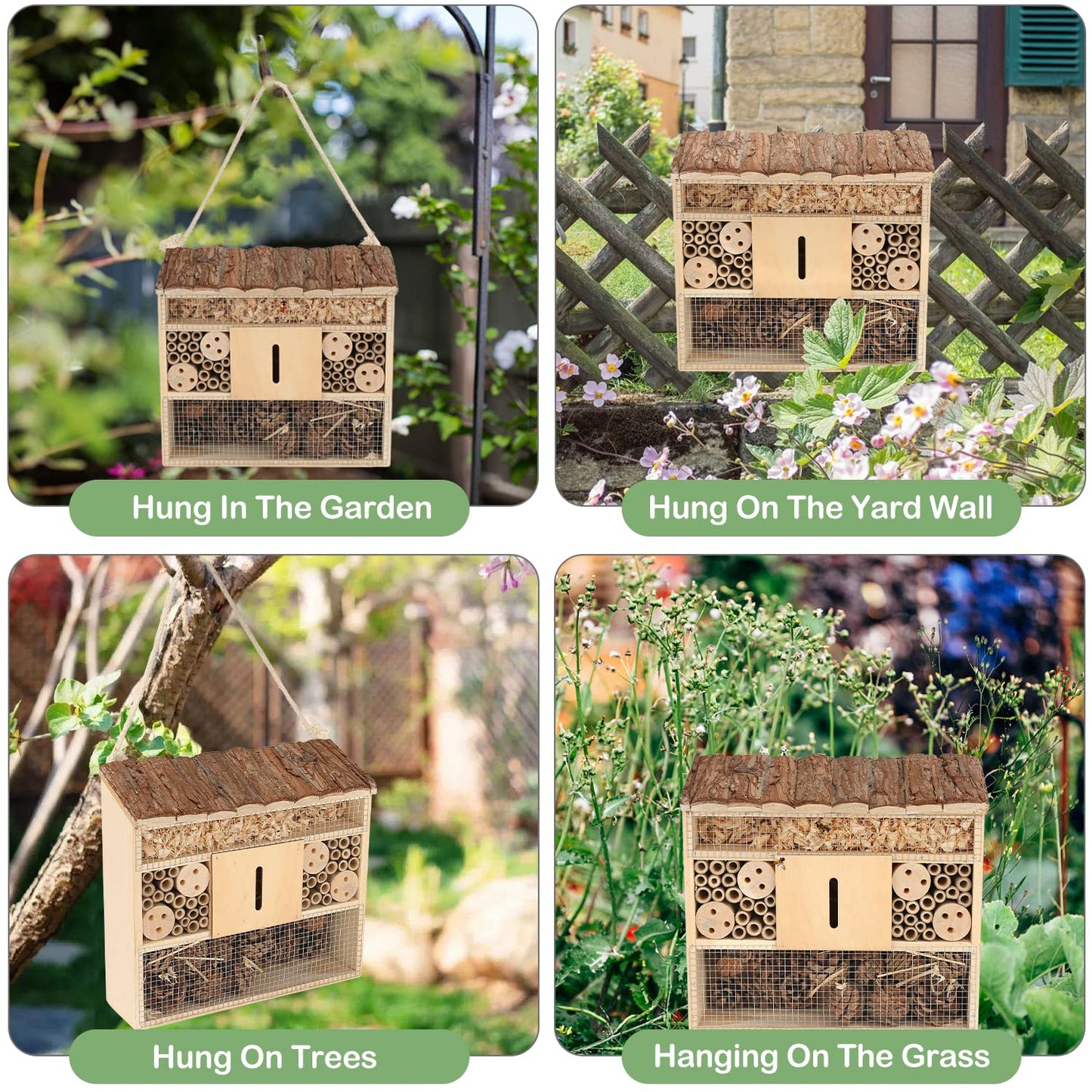 Wooden Bee House Mason Outdoor Garden Insect Hotel for Bees Butterfly Ladybugs Habitat Home Made Handmade Natural Wood Attract More Pollinators Live 11.4 x 10.6 x 3.9 Inch