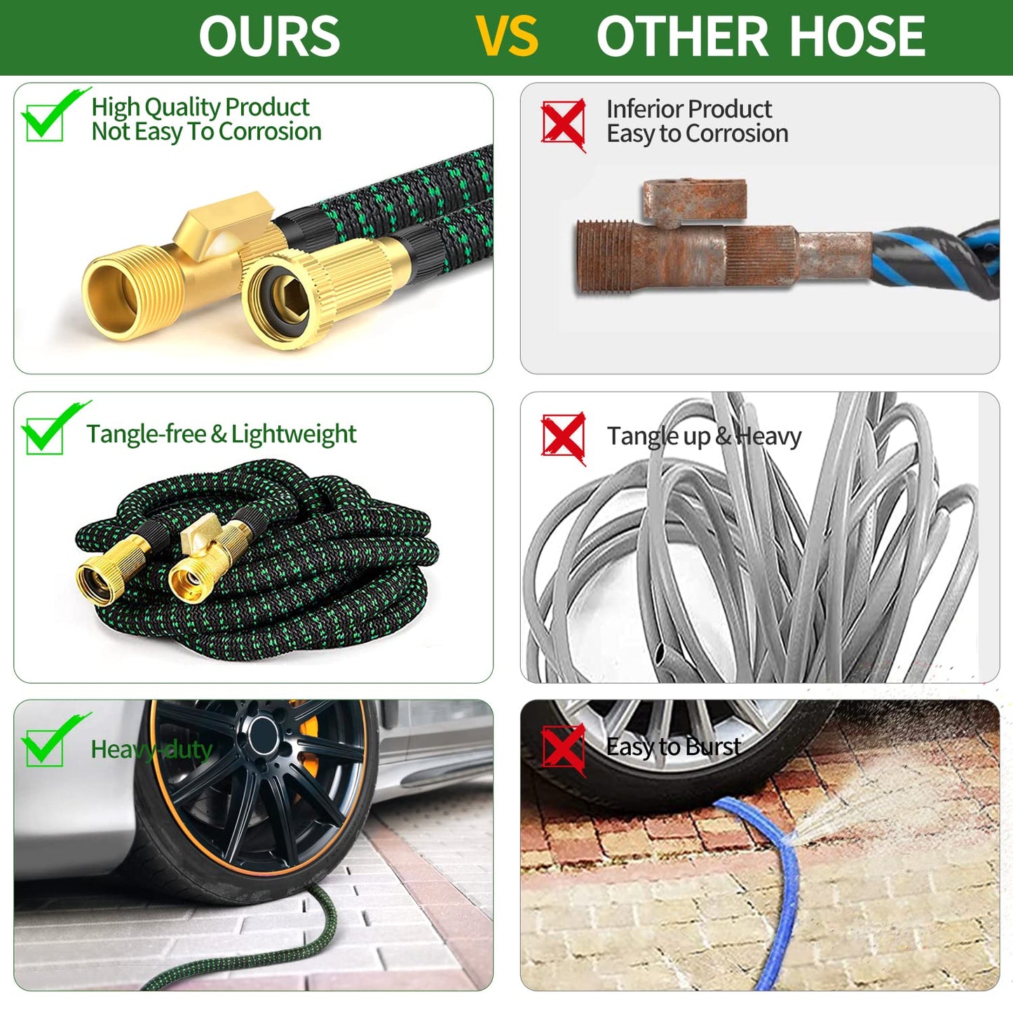 100 ft Expandable Garden Hose - All New 2024 Retractable Water Hoses with 3/4" Solid Brass Fitting, Extra Strength Fabric - Flexible Expanding Hose with 10 Pattern Spray Nozzle