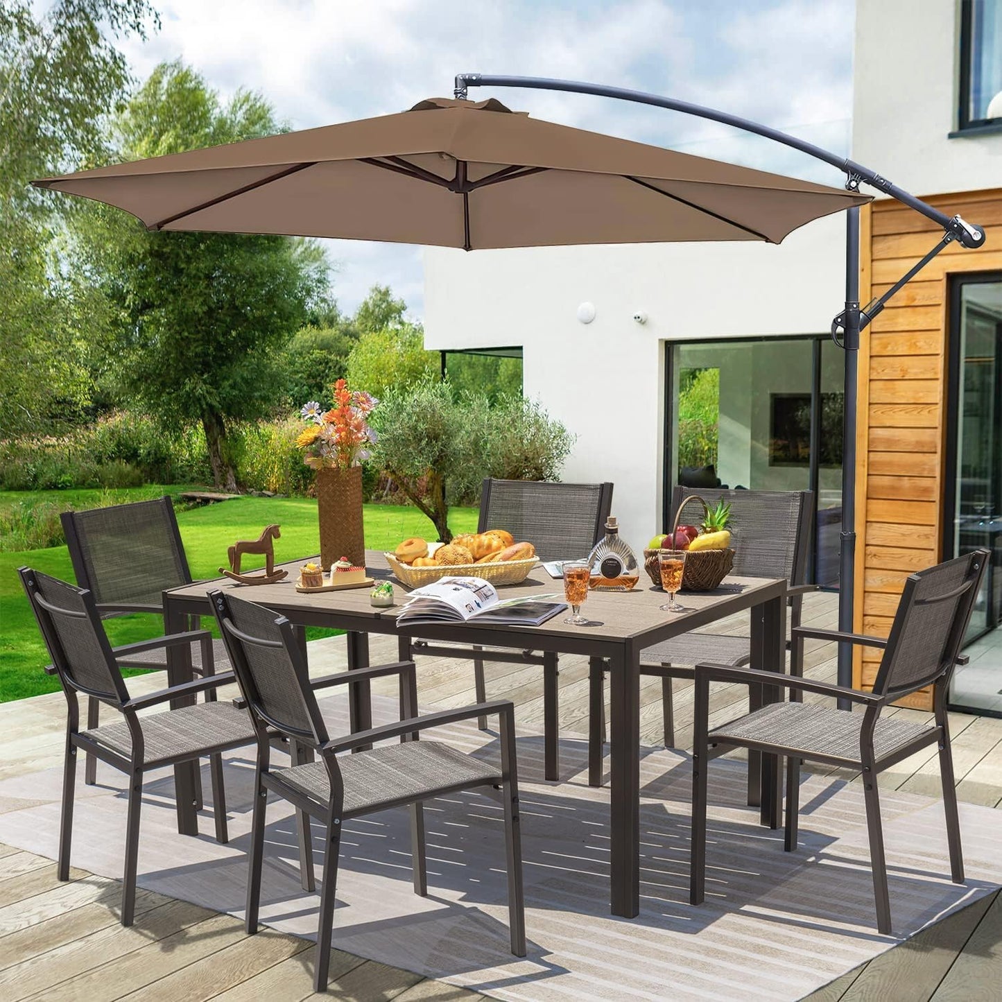 Homall Patio Dining Set 7 Pieces Outdoor Furniture Table and 6 Textilene Chairs, Light Grey