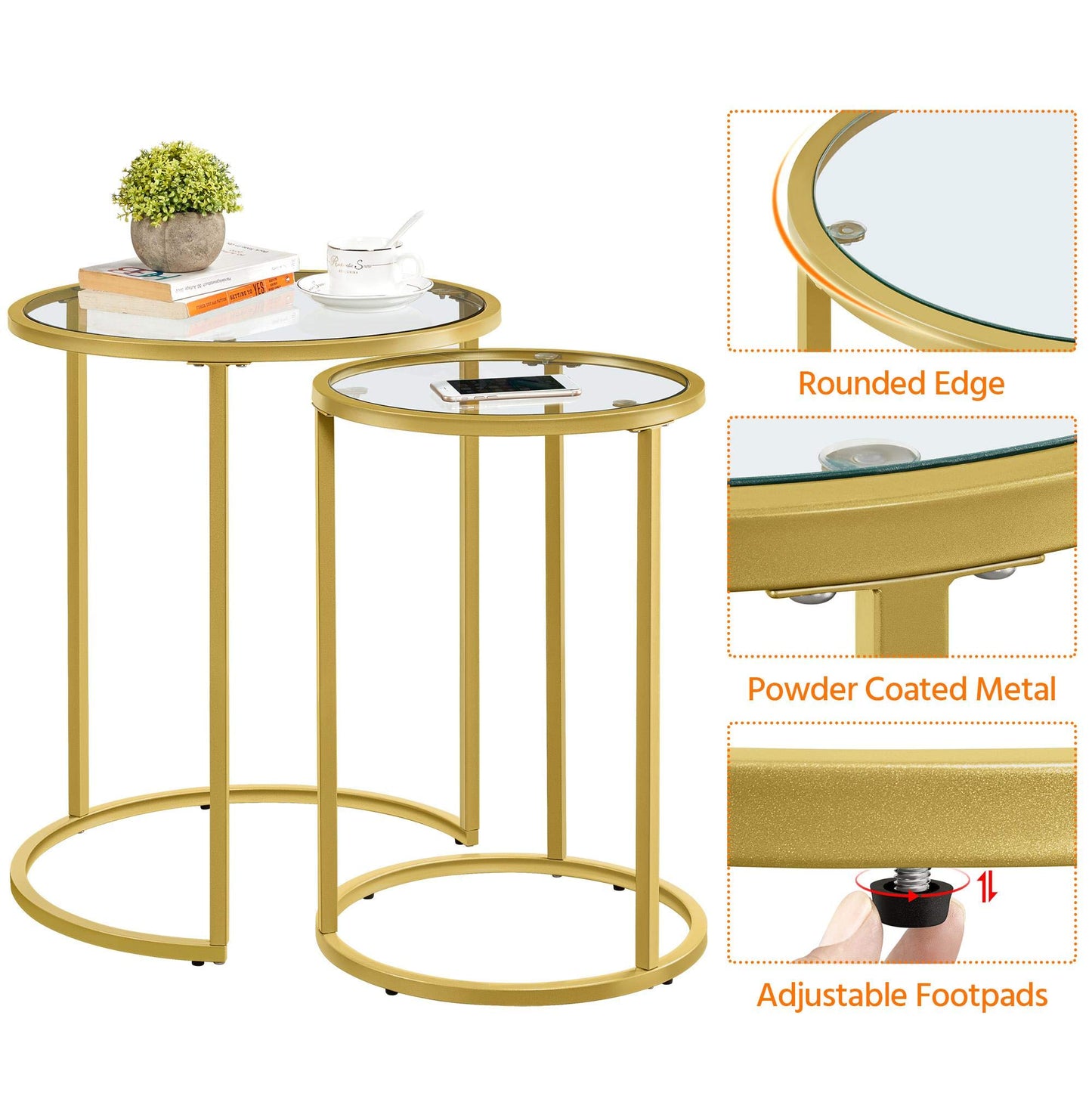 Yaheetech Round Nesting Side Table Stacking Coffee Table, Set of 2 Circular End Tables w/Metal Frame & Tempered Glass Top & Protective Foot Pads for Small Space Living Room Office, Mustard Gold