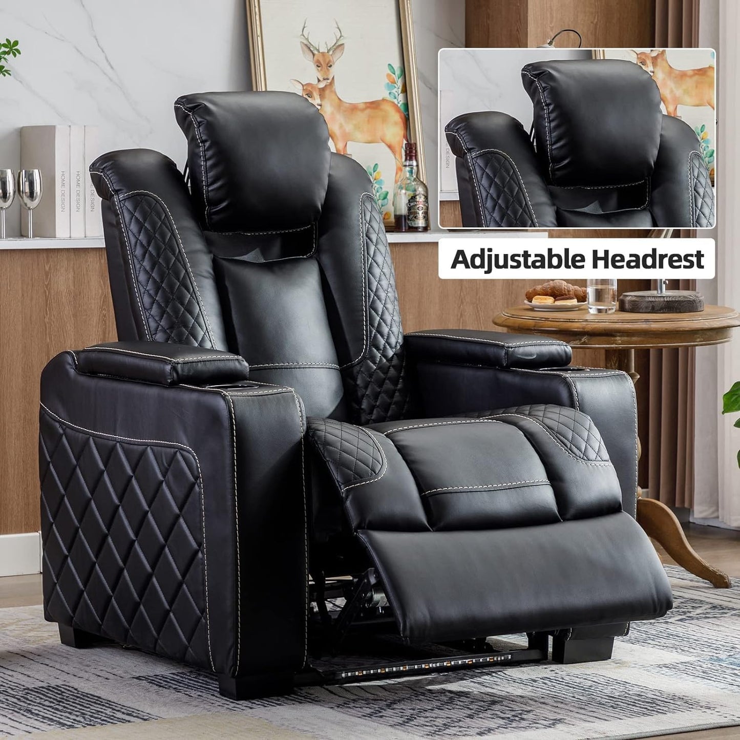 CANMOV Electric Power Recliner Chair with Ambient Lighting, Faux Leather Dual Motor Power Home Theater Seating with Adjustable Headrest, Hidden Arm Storage,Cup Holders,USB Ports (Single, Black)