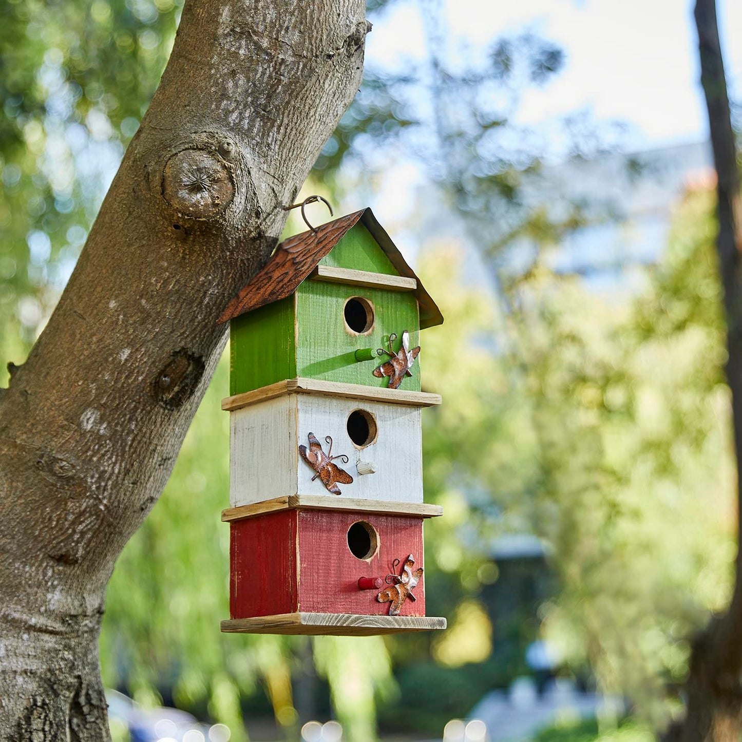 Glitzhome 13.75" H Multicolored Three-Tiered Distressed Solid Wood Birdhouse Garden Hanging Bird House for Outdoors