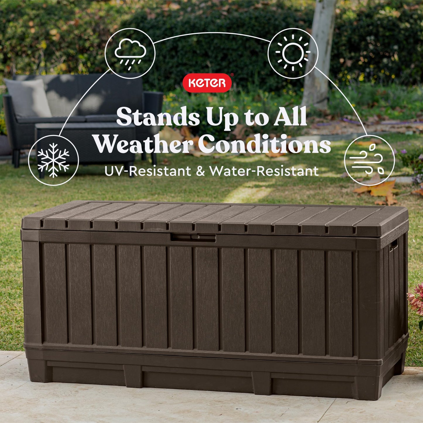 Keter Kentwood 92 Gallon Resin Deck Box-Organization and Storage for Patio Furniture Outdoor Cushions, Throw Pillows, Garden Tools and Pool Floats, Brown