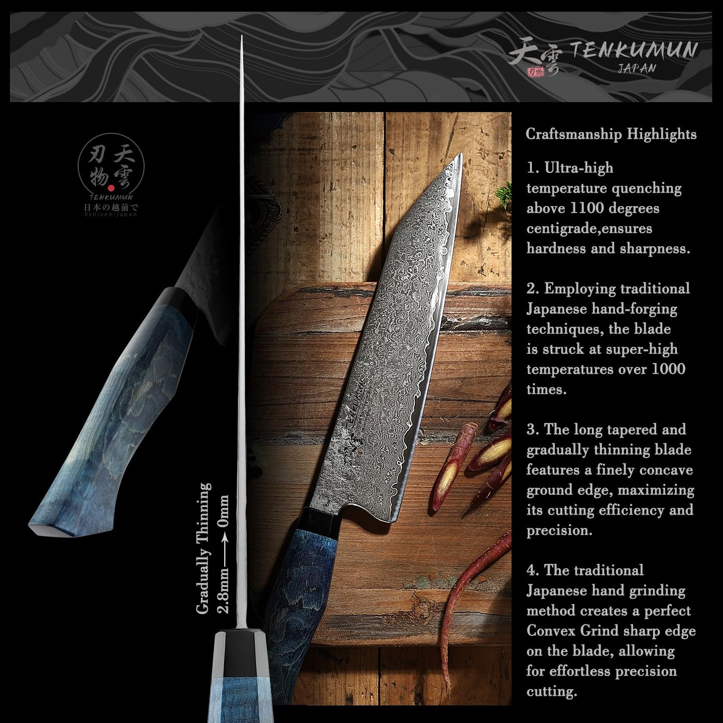 Tenkumun Japanese Gyutou 210mm Profession Santoku Handcrafted 8 inch Chef Knife Handmade Forged Knife Japan SG2 Powder Steel with Blue Wood Handle