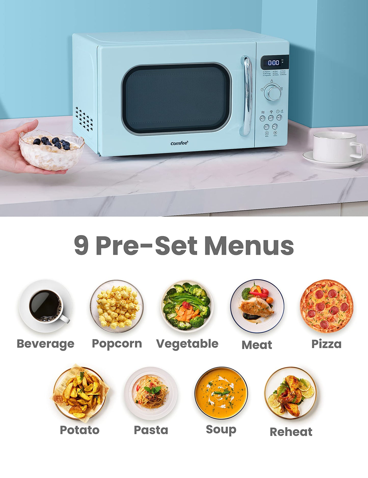 COMFEE' Retro Small Microwave Oven With Compact Size, 9 Preset Menus, Position-Memory Turntable, Mute Function, Countertop Microwave For Small Spaces, 0.7 Cu Ft/700W, Green, AM720C2RA-G