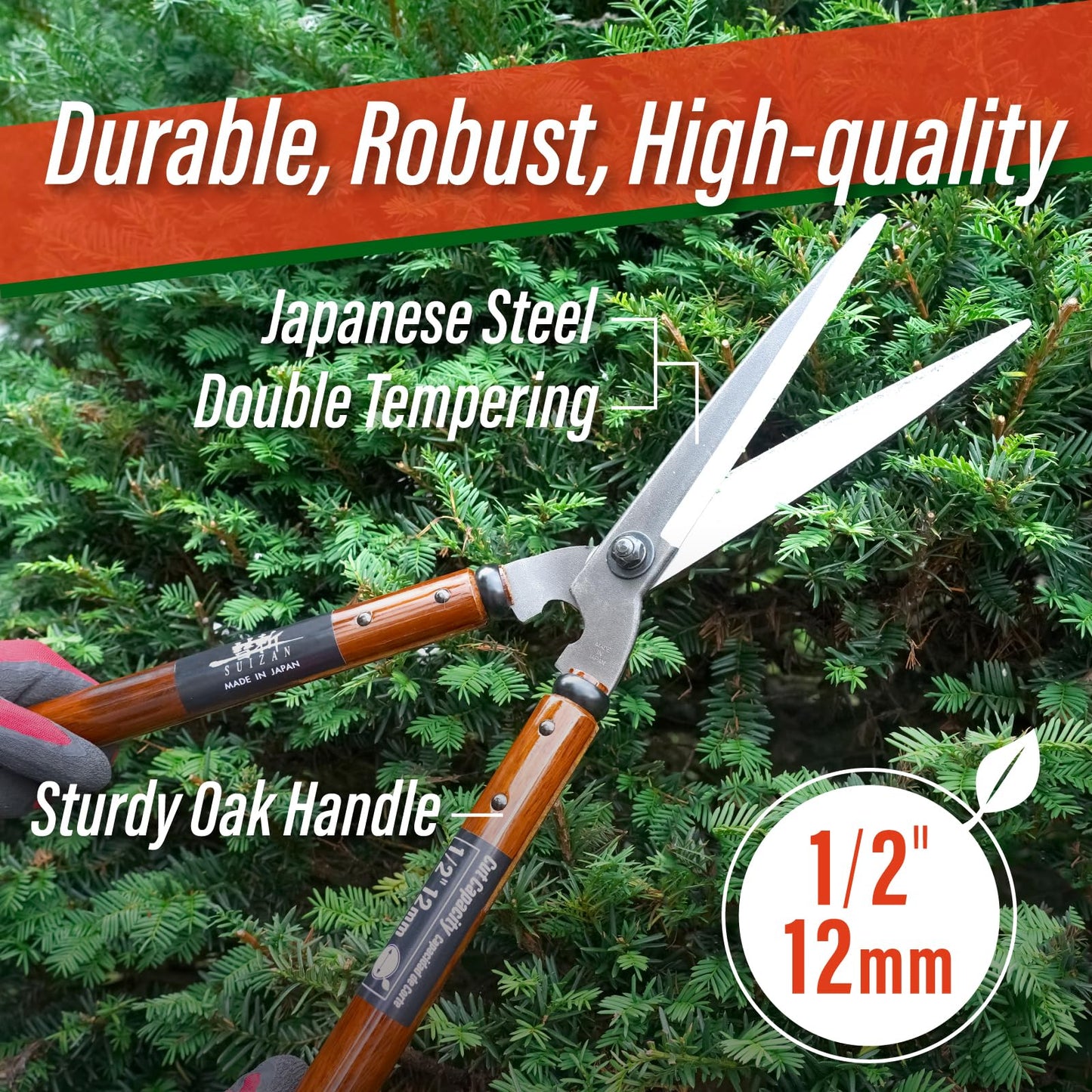 SUIZAN Japanese Hedge Shears 22.6" - Professional Garden Clippers for Precise Trimming