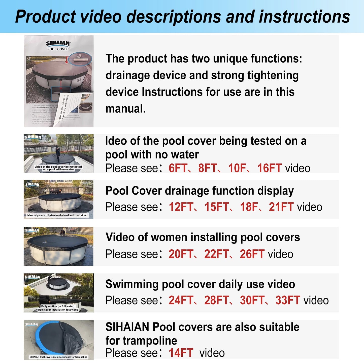 SIHAIAN 18 Ft Pool Cover with Automatic Drain Above Ground Pool Cover, Easy Installation Round Pool Cover Protector, Round Hot Tub Cover Ideal for hydrophilic and Dustproof Solar Pool Cover